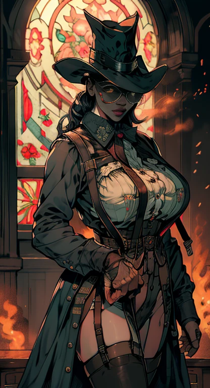 cowgirl,   bounty hunter  , ,  perfect huge breasts  ,  masterpiece ,  highest quality ,  High resolution ,  extreme details, 1 woman, 18 anos de idade fêmea com  dark skin dobrada sobre uma mesa, chest on the table,  dark skin,  big boobs,  dark lips , eyeliner, Rosy cheeks,  long black hair in 2 very large ponytails , khaki skirt gingham ,  lace panties , white thigh highs, ( suspenders: 1.5),  steampunk hat ,  garter belt 6 straps ,  glasses, seductive look,  look at the camera , 3/4 long shot, tiro de cowboy, stove, flores, next to large windows, stained glass windows,  hotel room location 