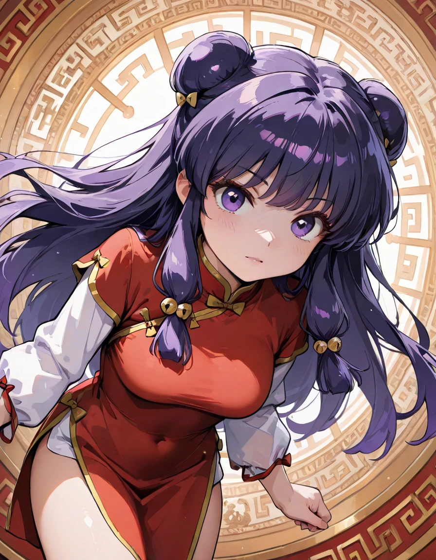 A   and  High resolution image of "Shampoo" [de ranma 1/2];  Chinese girl with long purple hair and twin bows; beautiful,sexual chair ornament; a ((red)) Chinese qipao (cheongsam) (Long shirt ) dress,  purple eyes; a red colored Chinese wedding scene in the .bottom; BREAK: quality\(8K,bottom de pantalla de unidad CG extremadamente detallada,  High resolution, top-quality, top-quality real texture skin,  hyperrealistic,  increase resolution ,  RAW Photos Box, best quality,  , The ,  golden ratio ,  high saturation realism ,  vibrant colors,  dramatic lighting ,  persuasive storytelling ,  atmospheric scenery ,  captivating images ,   intricate details , strong emotions , dream world\),(dynamic angle:1.4)