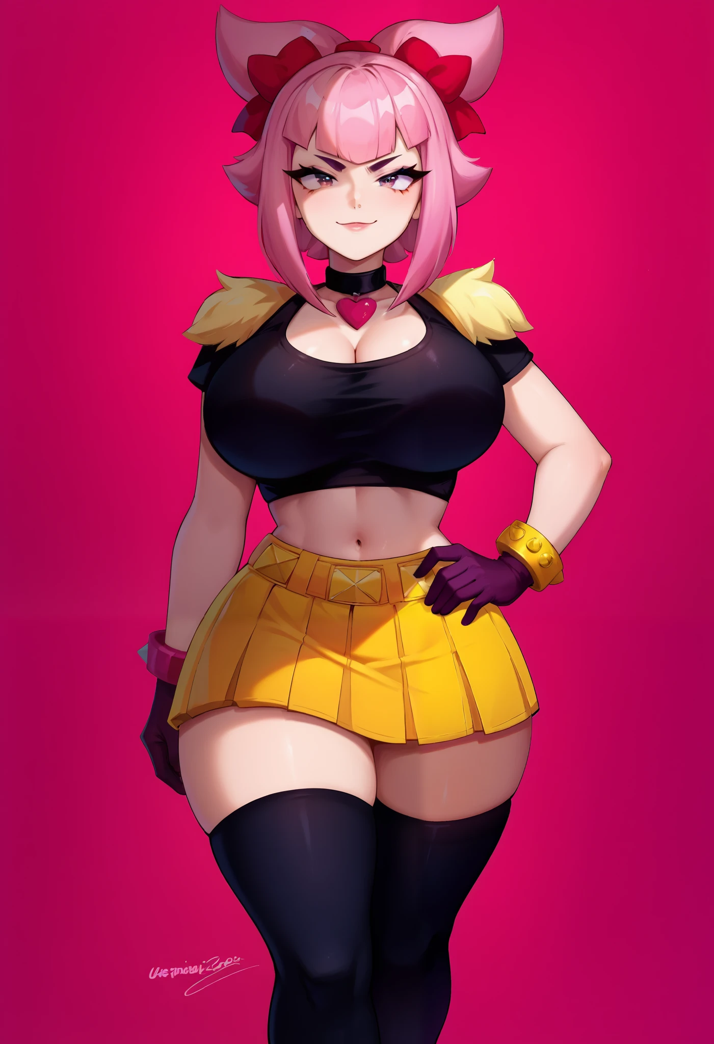 melodie, pink hair, hair bow, black crop top, yellow skirt, midriff, black thighighs, fur stole, bracelet, gloves, 1 woman, pink circle halftone background, red to pink gradient background, detailed face, walking forward, leg forward, looking at viewer, pointed towards viewer, front view, hand on hip, smug expression, closed mouth, one character, single, high quality, soft thighs, (huge breasts:1.0), belly button, sexy body
