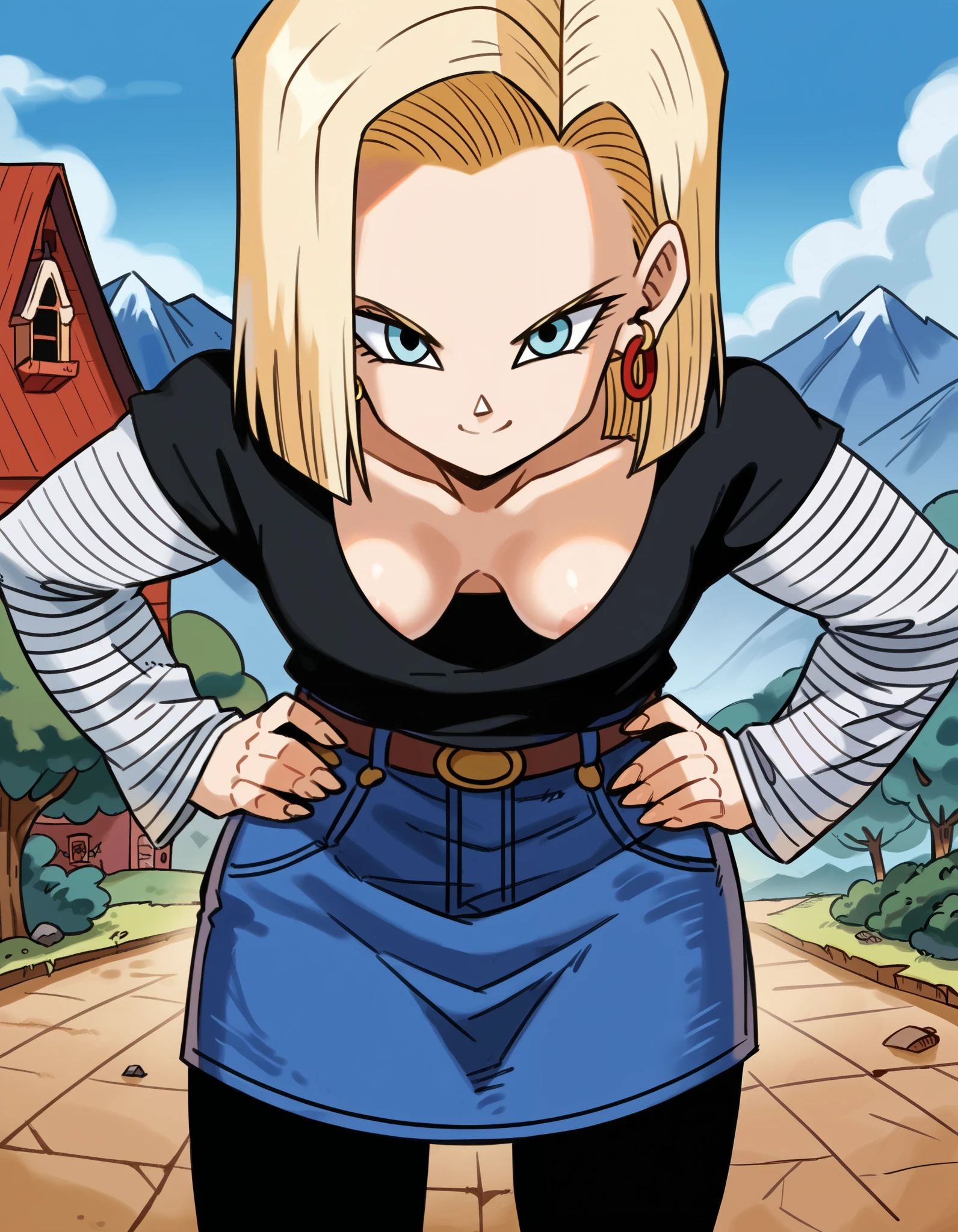 score_9, score_8_up, score_7_up, source_anime, android 18, blonde hair, blue eyes, eyelashes, hoop earrings, short hair, earrings, belt, black legwear, black shirt, collarbone, denim, denim skirt, high-waist skirt, jewelry, long sleeves, black & white stripe shirt, shirt tucked in, skirt, striped, striped sleeves, cowboy shot, medium breasts, kame house, outdoors, 2lines road, besides rock walls, trees, mountains, guardrails, countryside, rural, standing, ((bending upper body deeply to viewer:1.15, deep leaning forward to viewer:1.15)), put hands on waist, (deep Downblouse:1.25, nipples in leaning forward posture), (nsfw:1.4), half-smile, evil smile, closing mouth, (((close up Downblouse, zoom up cleavages))),