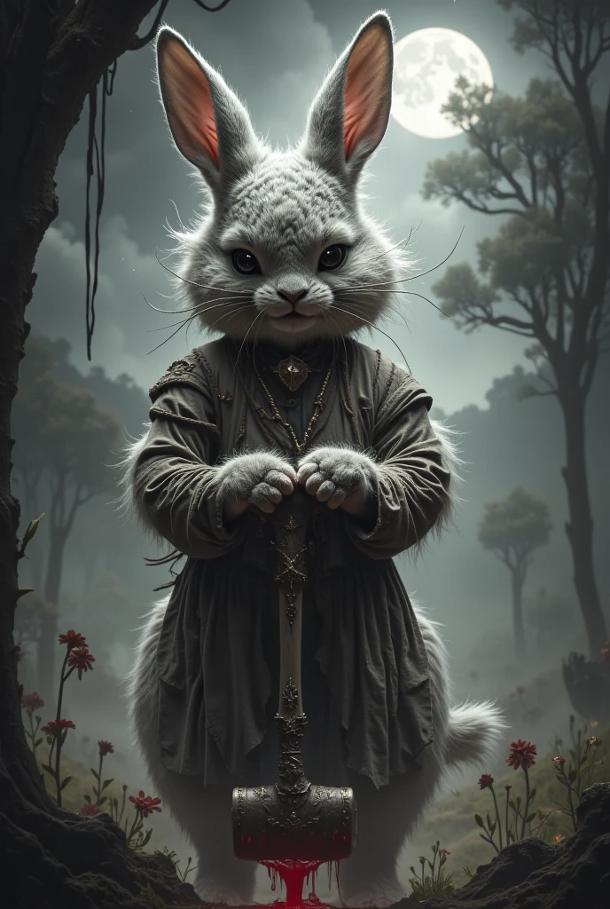 hyper realistic: human/rabbit hybrid, furry, skin, "soft skin covering the body" furry body, white hair, slightly wavy, with straight bangs, with braids, in pastures surrounded by woods, with a full moon in the background, holding a hammer with both hands with blood, with a smile, peasant clothing