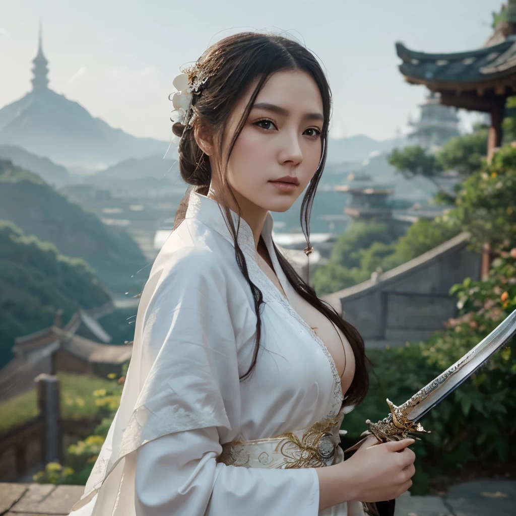 a close up of a woman with a sword in a white dress, a character portrait by Yang J, trending on cgsociety, fantasy art, beautiful character painting, artwork in the style of guweiz, guweiz, white hanfu, flowing white robes, full body wuxia, epic exquisite character art, stunning character art, beautiful female assassin