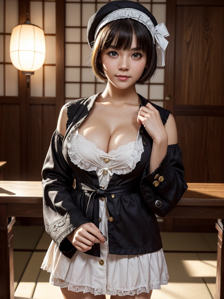 (masterpiece, top-quality),1girl in, 独奏, A dark-haired, scarf, Hats, realisitic, realisitic, looking at the viewers, black eyes of light color, Brunette Short Bob Hair, Brown coat, Winter clothes, White headscarf, s lips, bangss, plein air, a closed mouth, The upper part of the body、big eye、Lashes、((Beautiful landscape of sparkling snow))、(((short bob hair with bangs、Lustrous hair、big eye、large full breasts、Intense highlighting of the eyes、gazing at viewer、Beautiful beauty、Put your ears out、long neck、little smiling、Close your mouth and smile、Ideal ratio body proportions)))、{Gigantic|Big|Huge|Mega} breasts, cleavage
