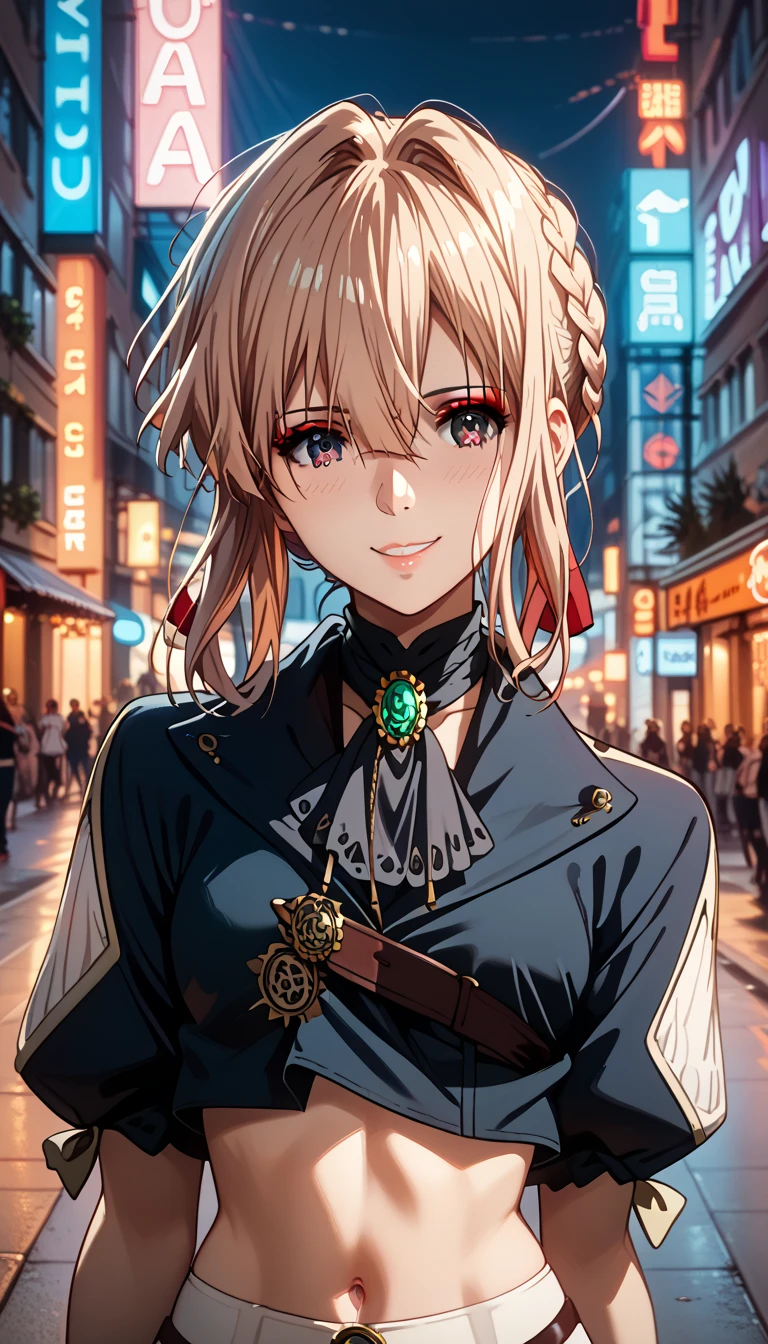 ultra-high quality, best quality, 8K, UHD, very aesthetic, photorealism, volumetric lighting,violet evergarden , cute smile, blush,  undercut hairstyle, masterpiece, image of a wild girl with tattoo, midriff, punk, red eyeshadow, wild, smirk on face, city at nighttime, neon colors lighting,