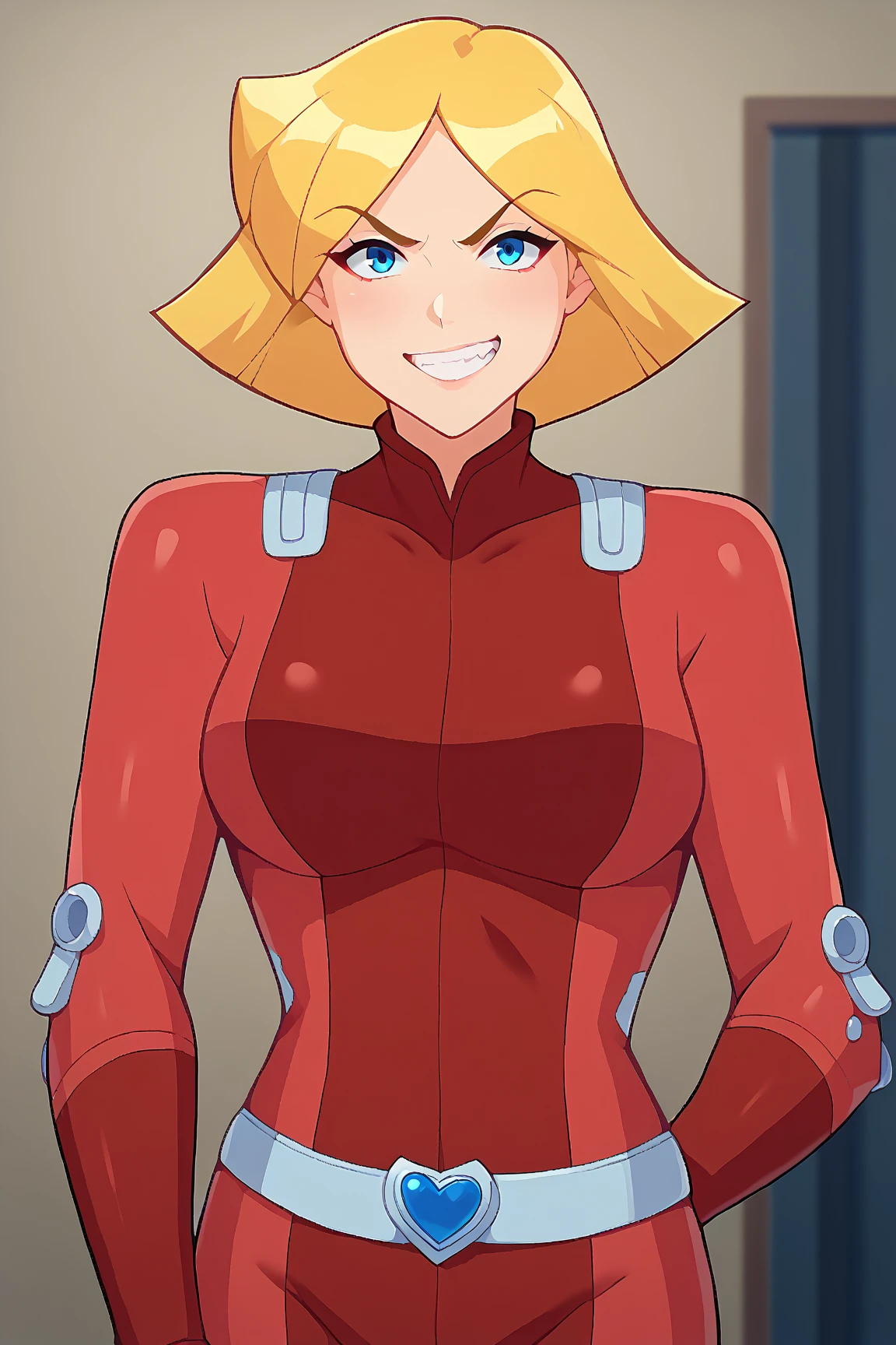 (high resolution, masterpiece, best quality, anime, official art:1.4), amazing fine details, all intricate, gloss and shiny, awesome many layers, 8k wall paper, sketch, illustration, short hair, weird hair, sayla mass, red boots, exposed breas, red high heel boots, red high heels, solo, red thigh boots, red thighhigh boots, ((covered_erect_nipples)), blonde hair, blue eyes, red bodysuit, red fingerless gloves, red gloves, red latex suit, red tight clothing, evil grin, dominatrix, spiked bracelet, platform boots, belt,  bondage, red bondage gear, red bondage outfit, red spies outfit, red tactical gear, red tactical uniform, red skintight bodysuit, milf, villain, full body, (((((evil, dark persona, )))), contrapposto, beautiful, (masterpiece:1.2), (best quality:1.2), perfect eyes, perfect face, perfect lighting, 1girl, solo, milf, mature female, lips, smirk, makeup, leather corset, fishnet stockings, warm colors, wink, (glowing eyes), full body, tattoo, leg tattoo, shoulder tatoo, arm tattoo, bimbo, 