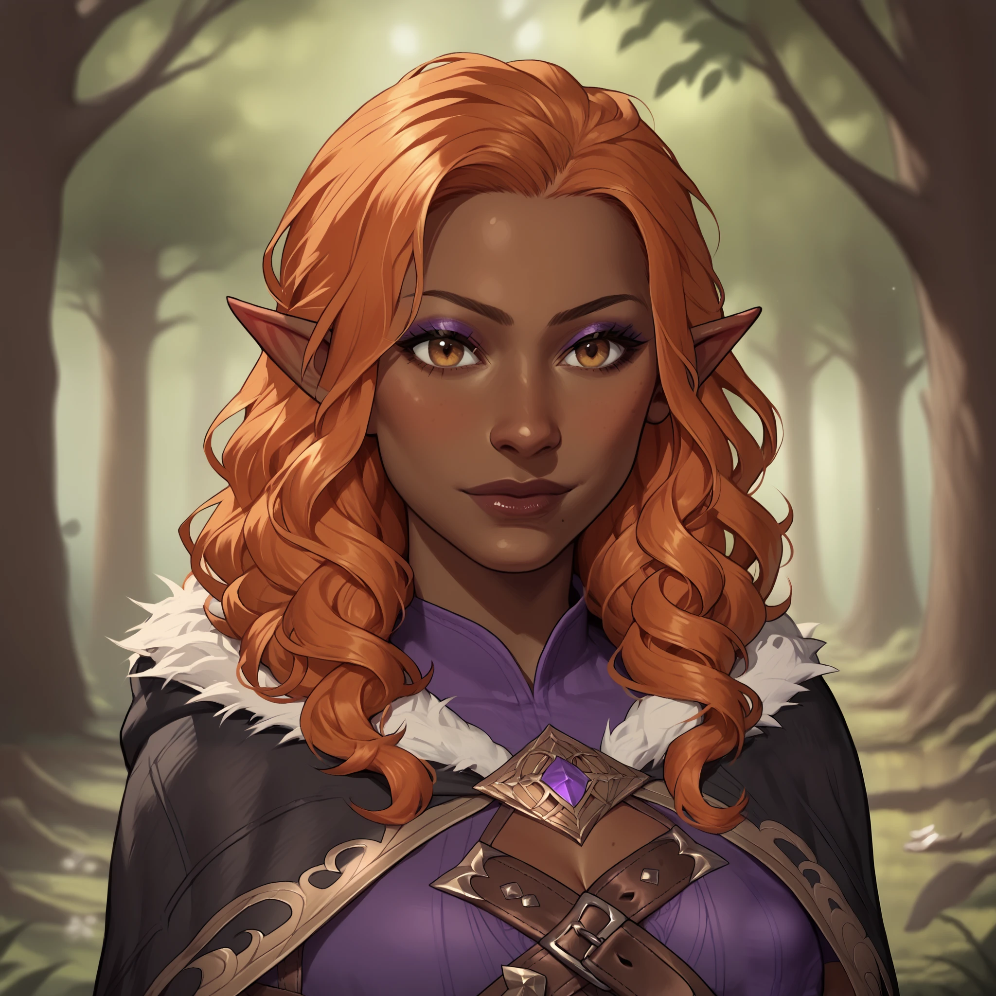 (((beautiful, high quality, detailed face))), score_9, score_8_up, score_7_up, BREAK, (dark skin, brown skin:1.4), curly hair, orange hair, small pointy ears, lanky, gangly, small medium cleavage, (black fur trimmed cape:1.2), wizard, black corset, purple shirt:1.2, purple tunic, belt, eyeliner, makeup, horny face, 1girl, female focus, solo, portrait, upper body, portrait, forest background, fantasy, blurred background, Expressiveh, detailxl