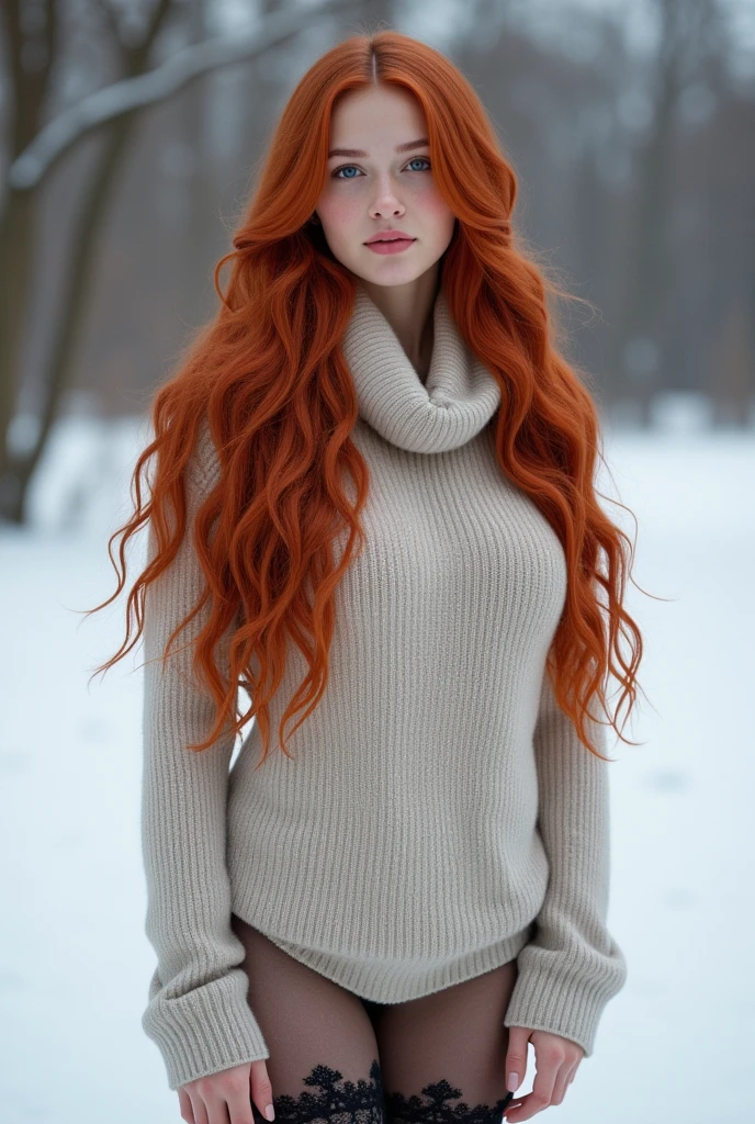 ultra realistic, photography, long red hair, girl, 24 years old, hourglass figure, perfect body, Flirty look, extremely detailed artgerm, in the style artgerm, small breasts, facing the camera, lens 35 mm, blur background, Winters，snow landscape，Beautiful teenage girl，lacepantyhose，Random color，long sweater，scarf，depth of fields，Real light，Ray traching，OC renderer，UE5 Renderer，Hyper-realistic，best qualtiy，8k，Works of masters，super-fine，Correct anatomy