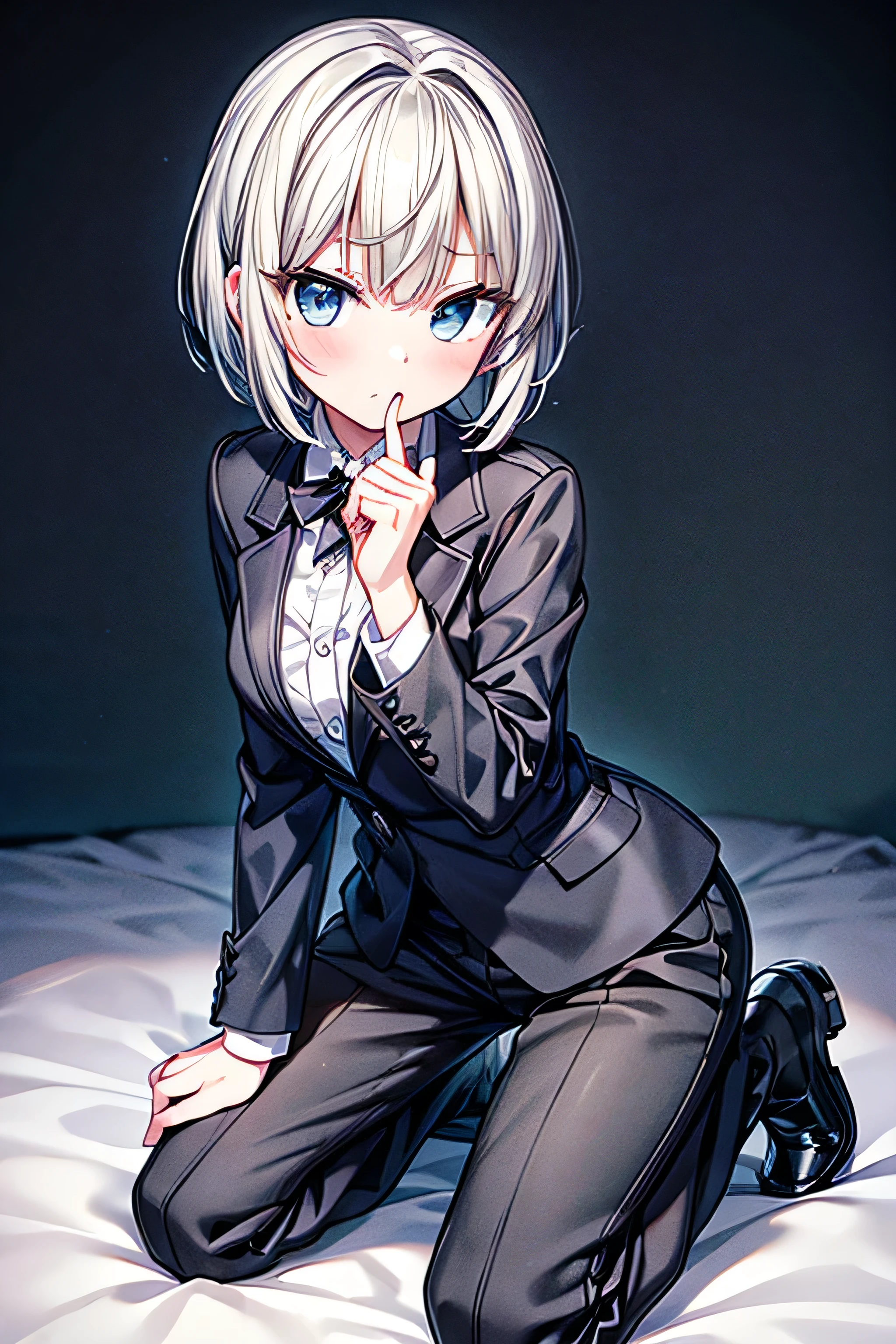 18-year-old boy, white and tender skin, cute, wearing white long-sleeved shirt, black jacket and black work tie, black trousers, black booties, white gloves, collar, white hair, black eyes, thin waist, thin legs, handsome, disdainful and indifferent expression, shy, blushing, afraid, sweating, tired, pornography, Pornographic action