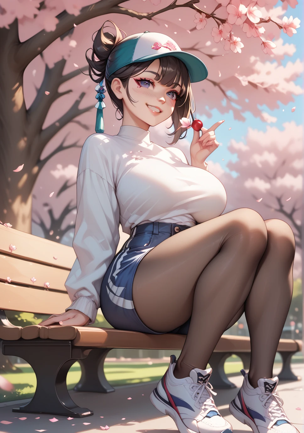 1 girl, large breasts, large thighs, sitting on bench, Park, cherry blossom trees, blurry background, white top, dark blue shorts, tights , sneakers soft smile, 