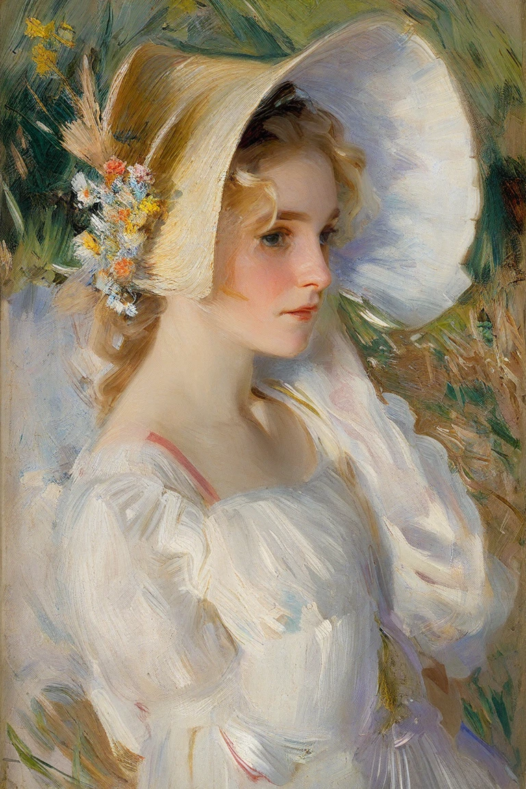 style of John Singer Sargent, a girl in a bonnet, white dress, blond hair in a braid, in a field of tall grass and flowers