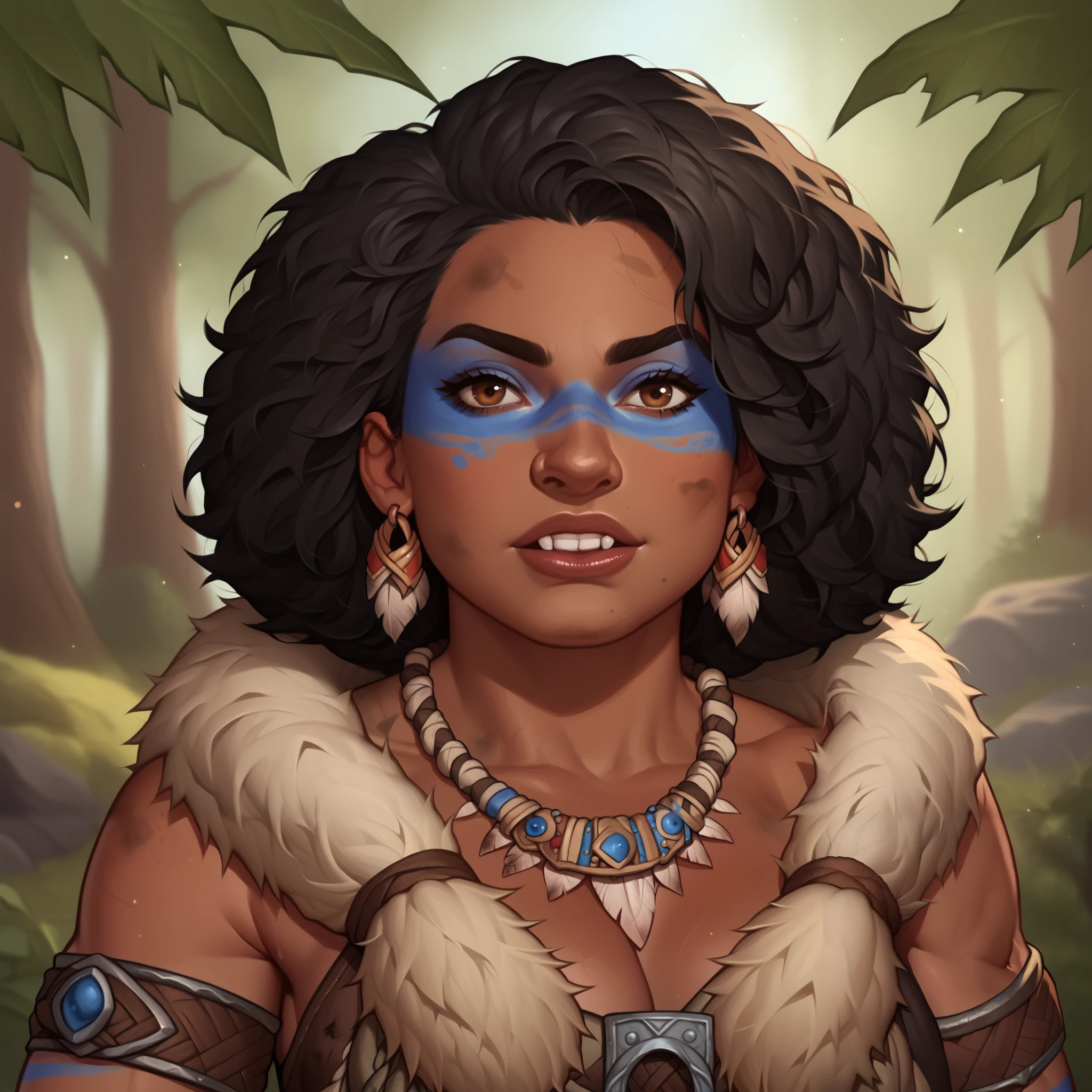 (((beautiful, high quality, detailed face))), score_9, score_8_up, score_7_up, BREAK, (Dwarf, short stature, big nose), (dark skin, brown skin:1.4), black hair, afro hair, jacked, druid, tribal clothes, (blue face paint:1.2), chest band, necklace of teeth, brown fur cape, dirty, dusty, 1girl, mature, female focus, solo, portrait, upper body, portrait, forest background, fantasy, blurred background, Expressiveh, detailxl