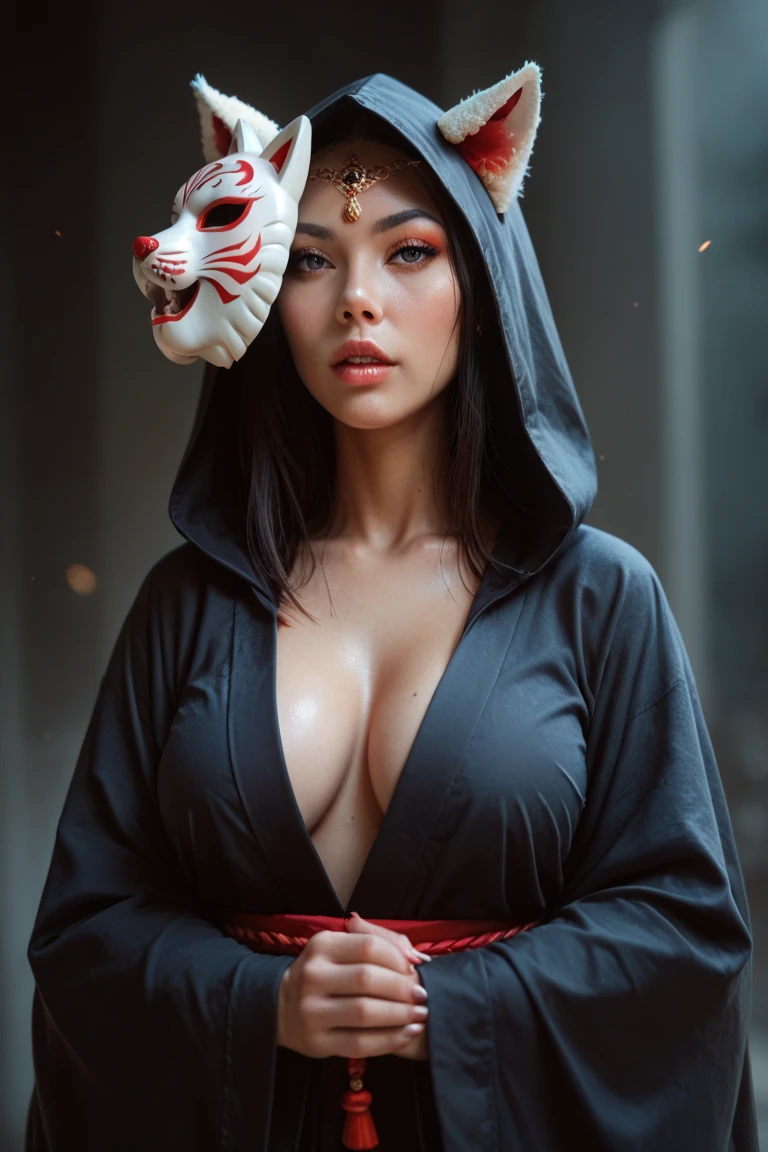 woman in a dark huge robe with a hood wearing a fox mask, fox mask