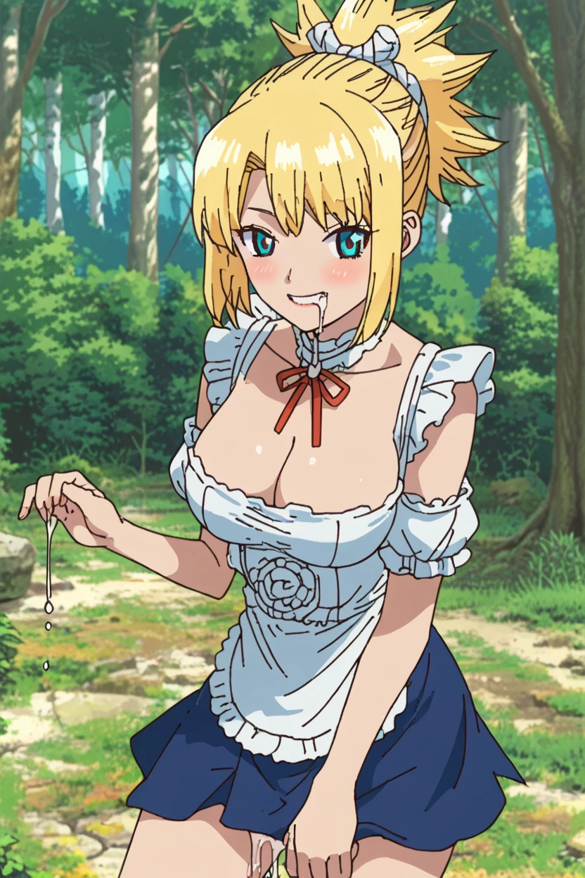 score_9, score_8_up, score_7_up, score_6_up, source_anime, BREAK 1girl, solo,  dskohaku, blonde hair, short ponytail, blue eyes, cleavage, big breasts, looking at you, forest, blue sky,(Pony + SDXL pose) Curtsey (((Skirt Hold Bowing))), (((Indomitable Maid outfit (Azur Lane))), (cum dripping from mouth), (mischivius expression), dripping pussy juice from under clotes, blush, evil smile,