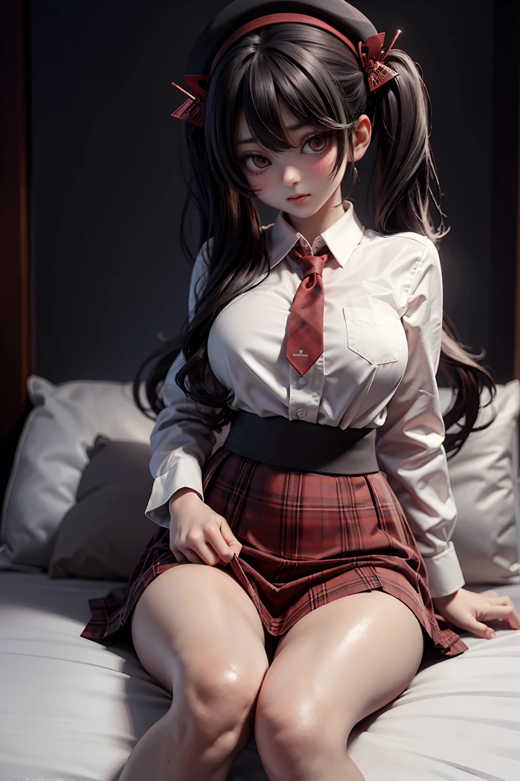 very cute and beautiful girl,(highly detailed beautiful face),(smile),blush,looking at viewer, (white blouse with detailed frills),long sleeve BREAK sitting on white bed sheet,spread legs,(white panties) BREAK hair ribbon,black hair,(scarlet plaid mini skirt) BREAK antique bed room,victorian gorgeous furnitures, (best quality,masterpiece:1.2),absurdres,highres,ultra-detailed,extremely detailed,32k,8k resolution, intricate details,cinematic scene,detailed background,solo,dynamic angle,