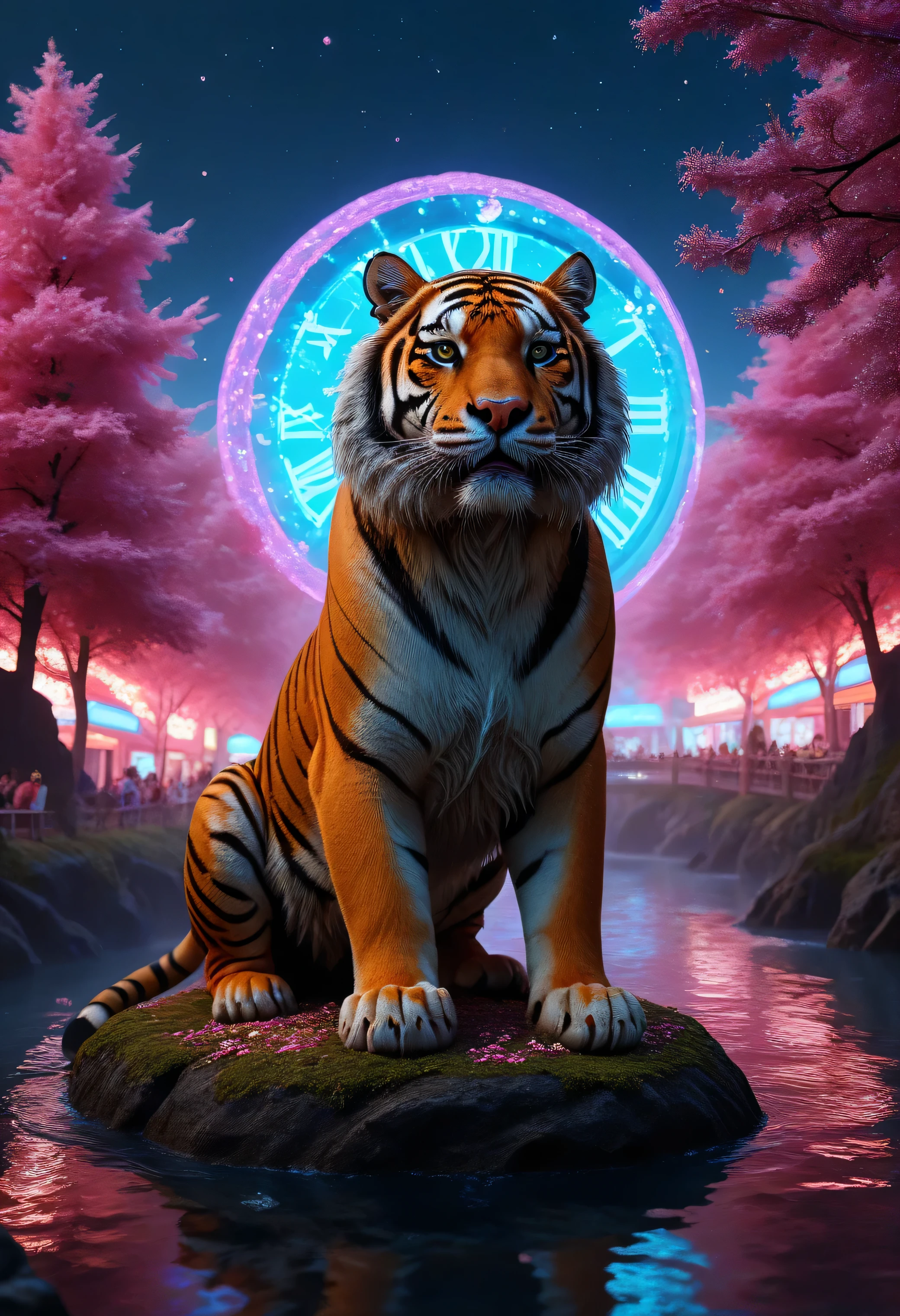 safe_pos, (score_9, score_8_up:1.1), score_7_up, photorealistic, colorful A colossal tiger wearing a futuristic sunglasses glides over a floating island made of candy floss, surrounded by neon-colored trees that emit bioluminescent spores, under a sky filled with swirling galaxies and a giant clock melting into a river of jelly ., absurdres, masterpiece,, Expressiveh choker, flux-style ((masterpiece, Highest quality, Best image quality, High resolution, Realistic, RAW Photos, 8k, Highly detailed)) 4lch3my_l4b CyberRealistic_Negative_PONY