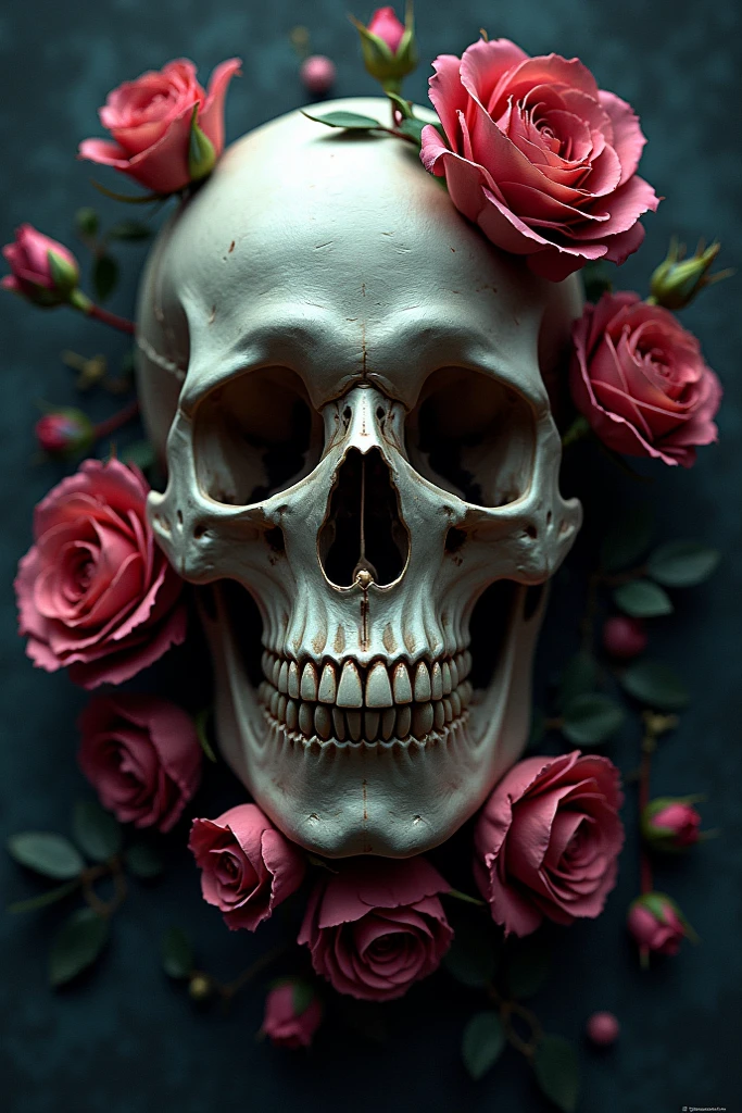 Zoro's skull from the anime One Piece with pink roses on the left side