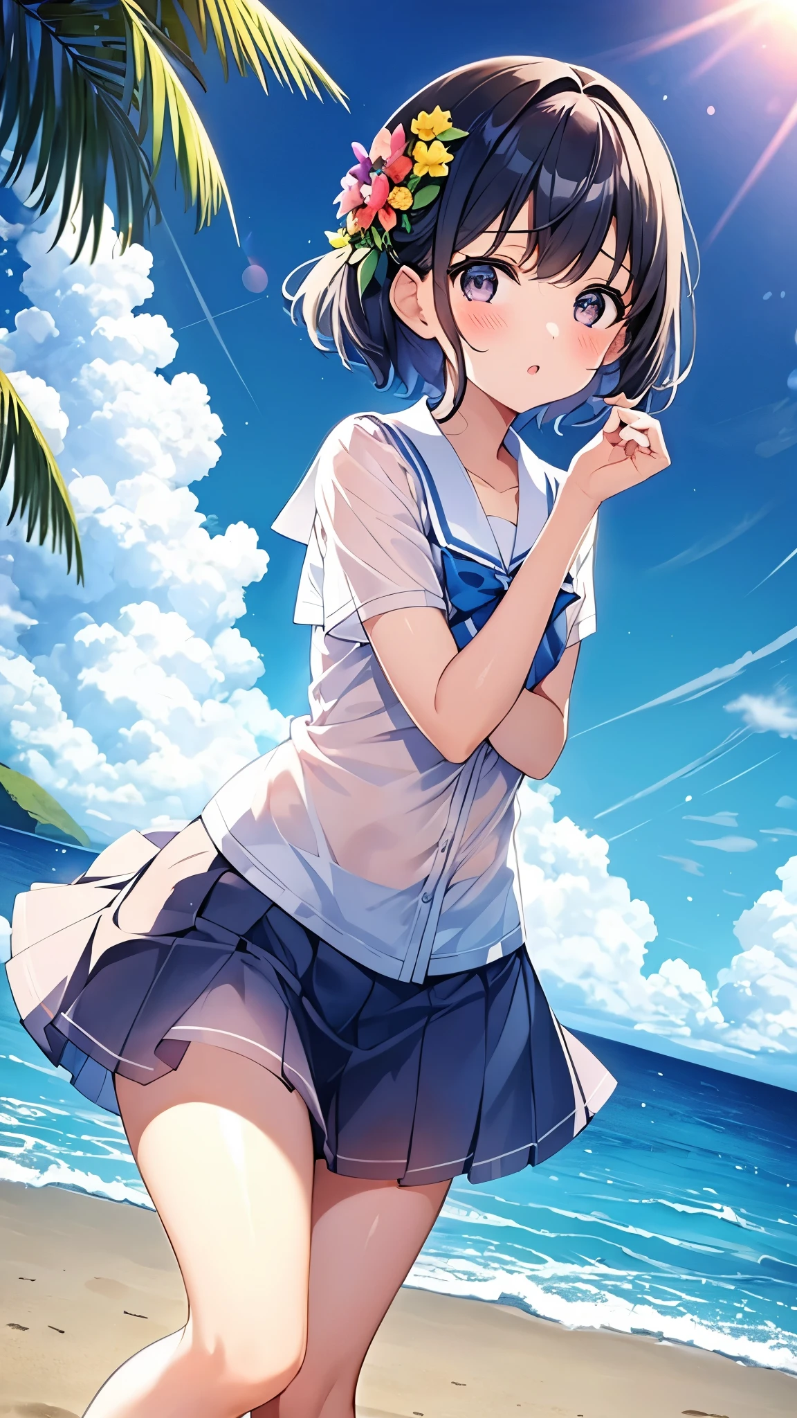 、 girls hugging each other、 2 people roll up skirts 、Sandy beach, sea, blue sky and cumulonimbus clouds 、 summer sailor suit 、Short sleeve、 thin shirt decorated with flowers 、 transparent bra blue bra 、Bare feet and sandals 、