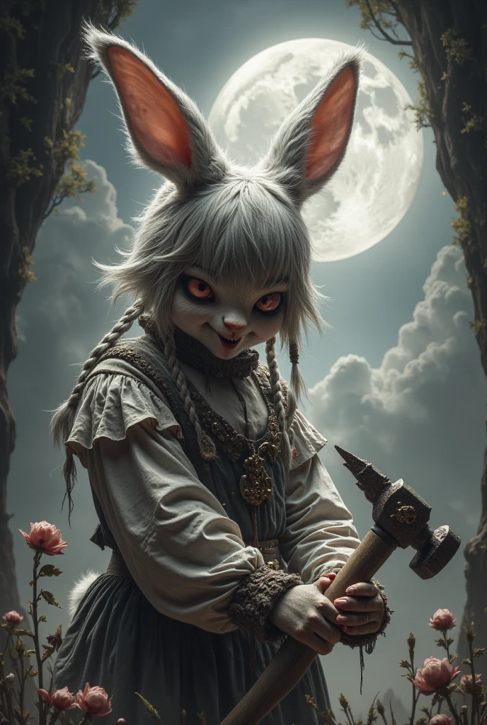 hyper realistic: human/rabbit hybrid, 25 years old, furry, skin, "soft skin covering the body" furry body, white hair, slightly wavy, with straight bangs, with braids, in pastures surrounded by woods, with a full moon in the background, holding a hammer with both hands with blood, with a smile, peasant clothing