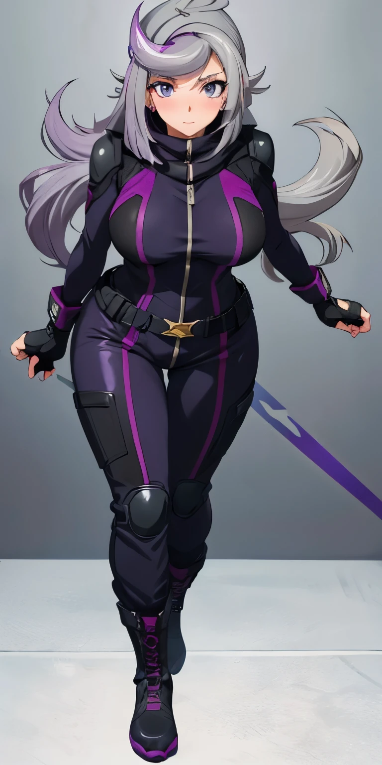 1 Female,High definition,high resolution,Ultra-realistic,8K, 1girl,  (emma_bessho:1.2),  (grey hair:1.2),(  purple hair:1.2),  grey eyes,  low-tied long hair,  (large breasts:1.2),  (wide hips:1.2),  (purple bodysuit:1.2),  (long sleeves:1.2),  pants,  (black gloves,  fingerless gloves:1.2),medium breasts, black boots,European,sexy,Upper body close-up,Photographed from the front,Dynamic Angles,blush, big tits ,(top view),(full body), perfect face,cute face,perfect face,cute face,ultra high definition, detailed face,8k