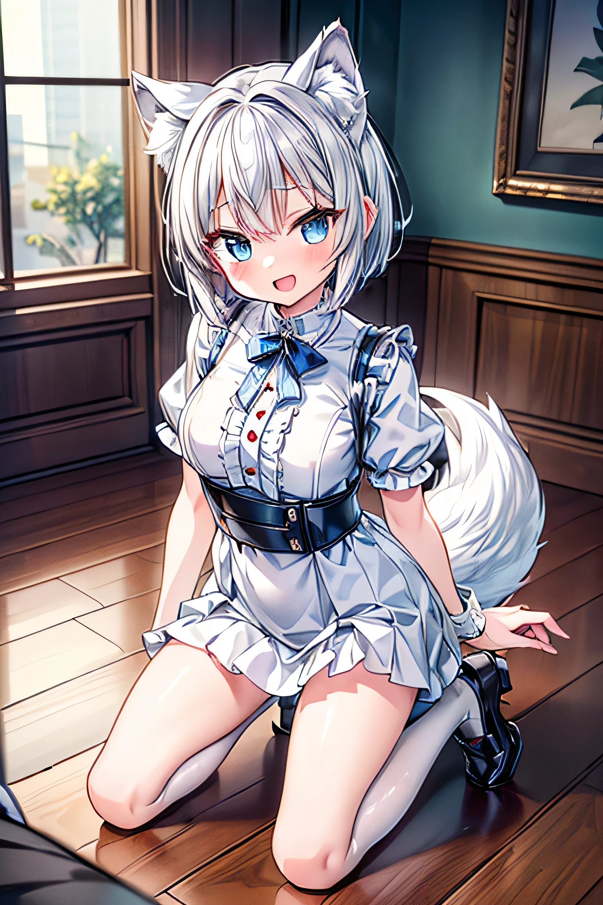 Blush, ((((White color blouse)))), white long boots, (on top of the bed), Kneeling, D-cups, White hair, ahoge, Heart-shaped pupils, blue color eyes, (((((cat ear))))), is shy,White gloves, torogao, Reflectors, Yandere, anime big breast, Chiaroscuro, Ray tracing, shadowing, hyper HD, Masterpiece, Accurate, Anatomically correct, Textured skin, Super detail, High details, High quality, Award-Awarded, Best quality, A high resolution, 16k,(There is love around you),((((Tempting))))