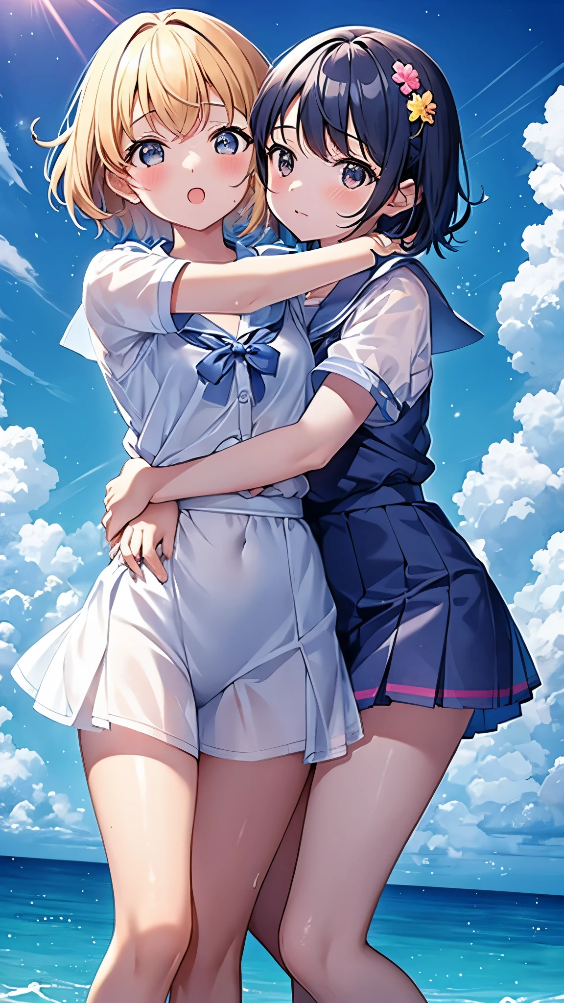 **********、 girls hugging each other、 2 people roll up skirts 、Sandy beach, sea, blue sky and cumulonimbus clouds 、 summer sailor suit 、Short sleeve、 thin shirt decorated with flowers 、 transparent bra blue bra 、Bare feet and sandals 、