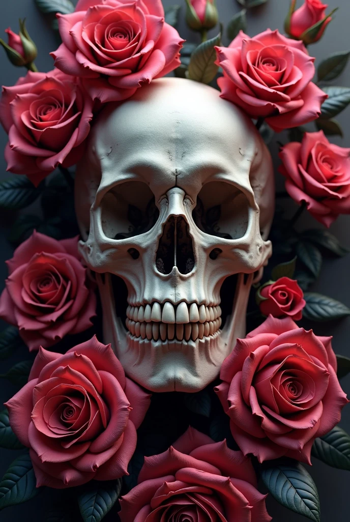 a skull with roses and leaves on its head, skull made of red roses, 8k highly detailed, 16k highly detailed, adorned with demon skulls, glowing red skull, with a crown of skulls, black and red colors, death skull, gothic horror vibes, red skull, ((skull))
