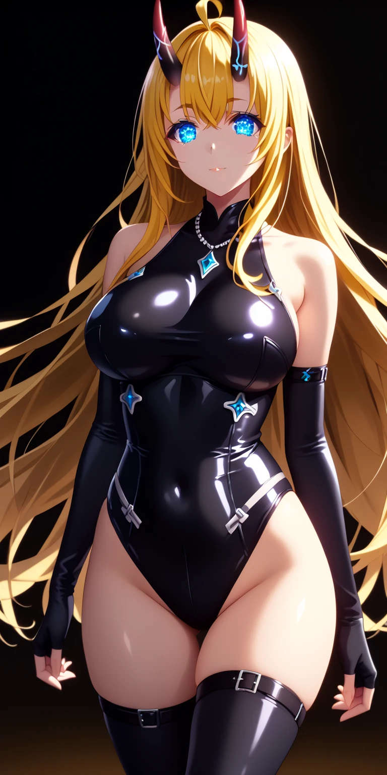 score_9,score_8_up,score_7_up, masterpiece, 1girl, solo, source_anime, scenery, (mature woman:1.3), (wide thighs), (wide hips), (detailed eyes), (high definition eyes), (high gradient eyes), (eyesHD), (best quality:1.4), a close up of a woman with colorful hair, anime girl with cosmic hair, rossdraws pastel vibrant, artwork in the style of guweiz, fantasy art style, colorful, vibrant fantasy style, cosmic and colorful, guweiz, colorfull digital fantasy art, stunning art style, beautiful anime style, shiny, shiny skin, (beautiful female), beautiful face, clear face, Shiny hair, (yellow hair), (very long hair), (blue eyes:1.2), concept art, professional anime, (big eyes:1.2), (big breasts:0.8), sidelocks, ahoge, oni horns, standing, looking at viewer, view from behind, back view, ctianle,black unitard, black thighhighs, silver necklace, elbow gloves, fingerless gloves, thigh straps, skin tight,