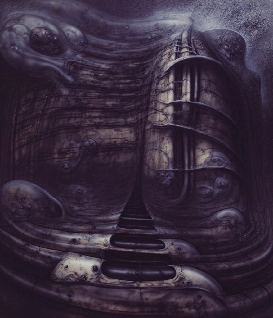 

 The image depicts a fantastical scene of a castle with a round tower, surrounded by a whirl of dark clouds and a starry nebulous sky in the background.

The space in this H.R. Giger-esque image is formed through a complex interplay of several visual techniques, creating a claustrophobic, layered, and ambiguous environment. Space in this image is formed by a combination of overlapping forms, lack of traditional perspective, flowing curves, high detail, ambiguous scale, and subtle lighting. These techniques work together to create a unique and unsettling spatial experience that is characteristic of Giger's work: a claustrophobic, organic, and biomechanical environment that feels both alien and strangely familiar.
 The most dominant feature is the dense overlapping and interweaving of organic and mechanical forms. Figures, pipes, tubes, and other structures merge seamlessly, making it difficult to distinguish where one ends and another begins. This creates a sense of depth and layers, but also contributes to the claustrophobic feeling as there's little empty space.
 There's no clear horizon line or defined vanishing point to establish traditional perspective. This further adds to the sense of disorientation and makes it difficult to gauge the scale and distance of the elements within the image. The space feels compressed and undefined.
Giger frequently uses smooth, organic curves and contours that flow into each other. These curves create a sense of movement and dynamism, but also further blur the boundaries between objects and spaces. The eye is led through the image along these curves, but there's no clear destination or resting point.
 The high level of detail and intricate textures across the entire image contributes to the sense of density and complexity. There are few areas of smooth, flat color or empty space. This creates a visually rich environment, but also makes it difficult for the eye to find a focal point or establish a sense of spatial hierarchy.
 The