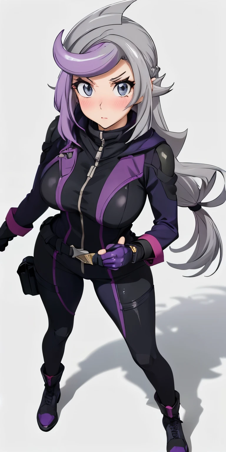 1 Female,High definition,high resolution,Ultra-realistic,8K, 1girl,  (emma_bessho:1.2),  (grey hair:1.2),(  purple hair:1.2),  grey eyes,  low-tied long hair,  (large breasts:1.2),  (wide hips:1.2),  (purple bodysuit:1.2),  (long sleeves:1.2),  pants,  (black gloves,  fingerless gloves:1.2),medium breasts, black boots,European,sexy,Upper body close-up,Photographed from the front,Dynamic Angles,blush, big tits ,(top view),(full body), perfect face,cute face,perfect face,cute face,ultra high definition, detailed face,8k