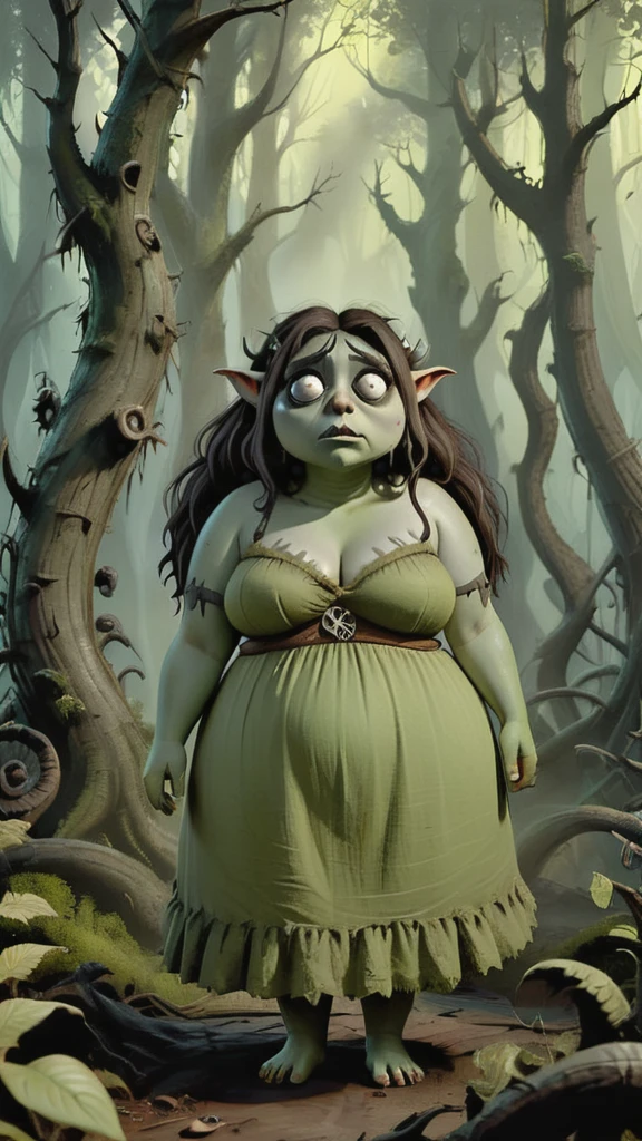 Young beautiful Chubby orc woman standing in Tim Burton-inspired forest. (forest is full of peculiar creatures with big eyes and Burtonesque charm). Female orc is voluptuous, has giant saggy breasts, dark dirty hair, green skin, wearing  dirty linen dress. The forest is a blend of anime aesthetics and Burtonesque surrealism, (hand painted:1.2), (tim burton style:1.27), curvy body, overweight ultra detailed, intricate, dynamic poses, morning light, fantasy art, shewoworc , mysterious, extremely detailed painted 