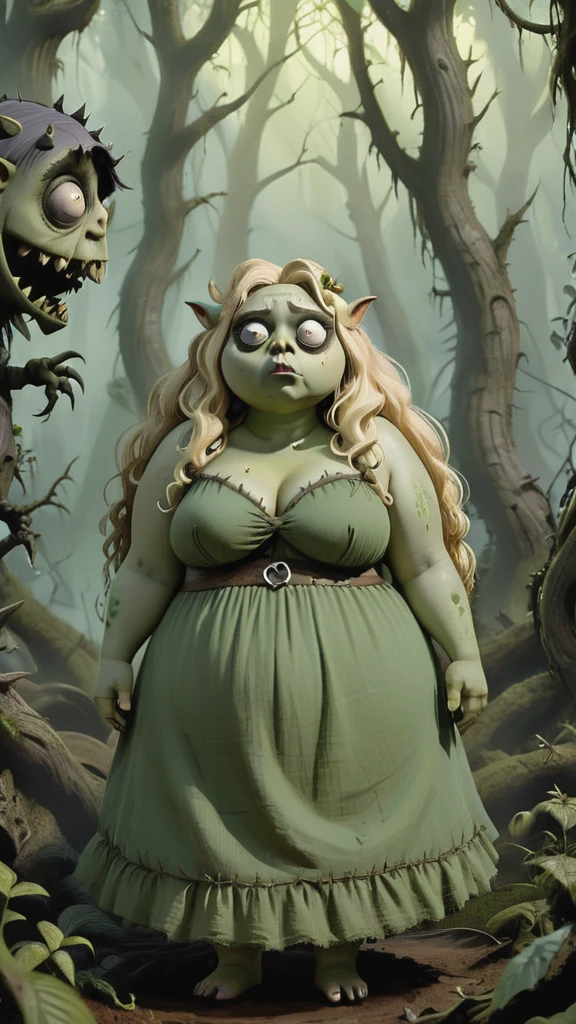 Young beautiful Chubby orc woman standing in Tim Burton-inspired forest. (forest is full of peculiar creatures with big eyes and Burtonesque charm). Female orc is voluptuous, has giant saggy breasts, blonde long wavy hair, green skin, wearing  dirty linen dress. The forest is a blend of anime aesthetics and Burtonesque surrealism, (hand painted:1.2), (tim burton style:1.27), curvy body, overweight ultra detailed, intricate, dynamic poses, morning light, fantasy art, shewoworc , mysterious, extremely detailed painted 