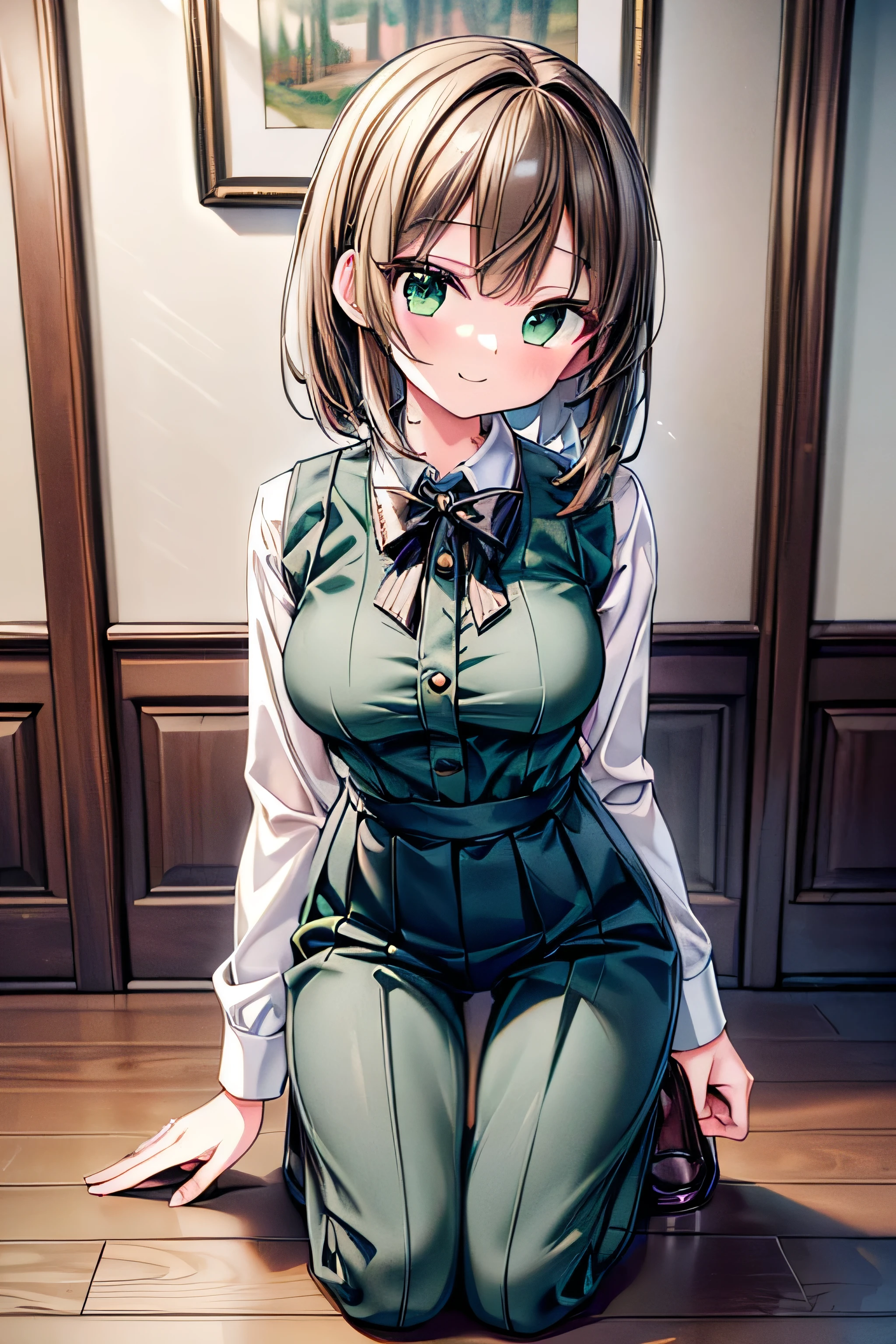 (extremely detailed, 8K resolution, with sharp focus, masterpiece, best quality, Moe Art style, safe for work:1.3), 1 cute lady, slender full body, kneeling in the room, dress shirt, brown pleated pants, brown medium straight hair, detailed dark-green eyes, detailed pupil, smile
