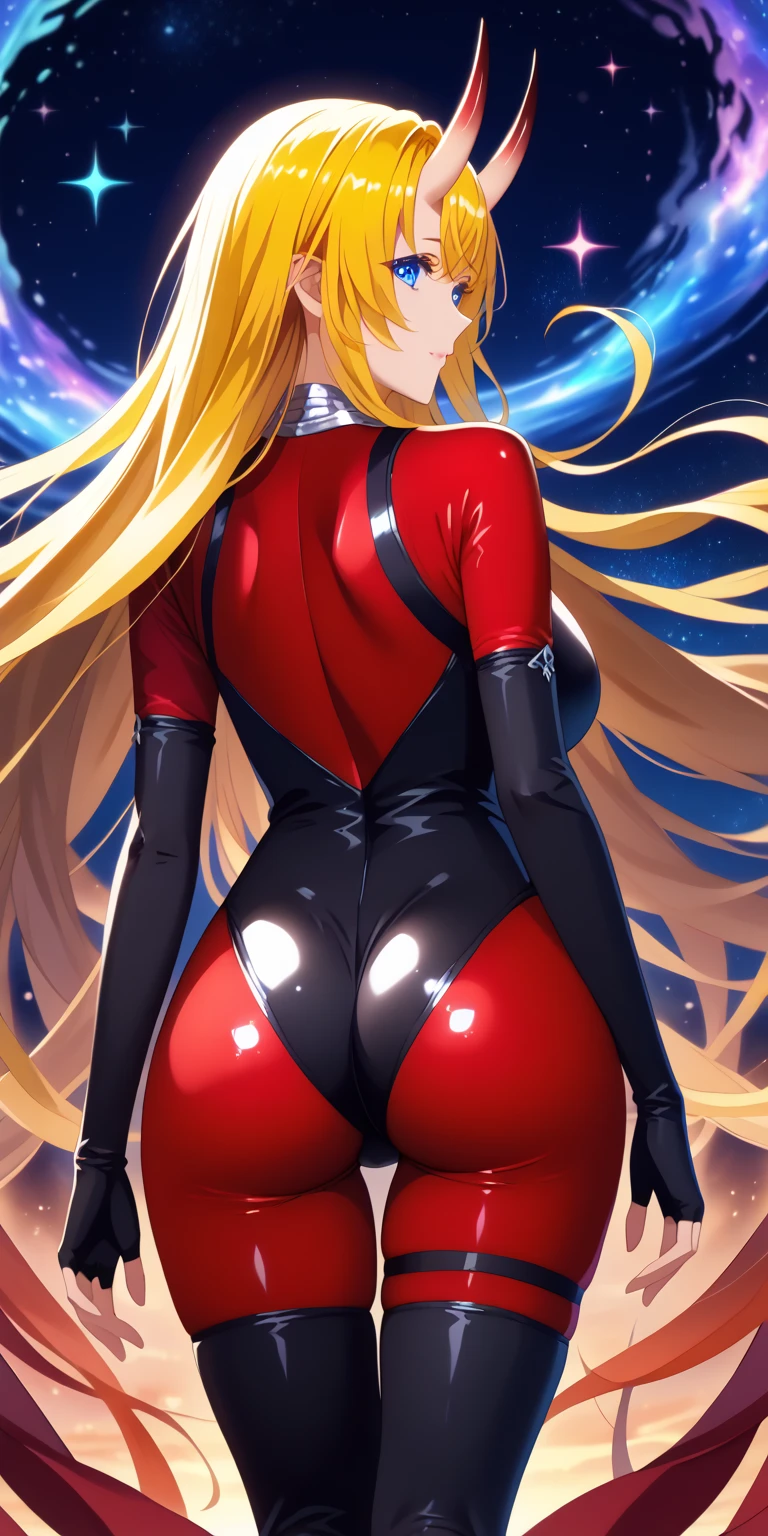Girl with long blonde hair with blue at the bottom with a red gradient moving up to half way hair, red lips, big breasts, wearing a latex bodysuit