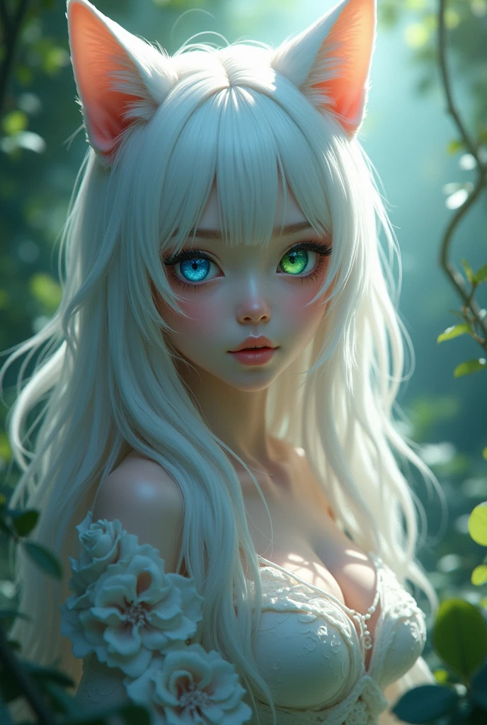 (Single Blade:1.2,)(Long hair 1.1,)((Silver and light silver))((Eyes Striped Hair))) Highlighted Hair,(a bit (superior)Have),(Animal ears 1:1)(Turquoise Eyes)((Unique clothing ))(Light blue clothes))(Attractive thighs) skirt,masterpiece,whole body,18k,Very detailed,Ultra-high resolution,1 person Beautiful clothes down to the last detail,Skin Texture