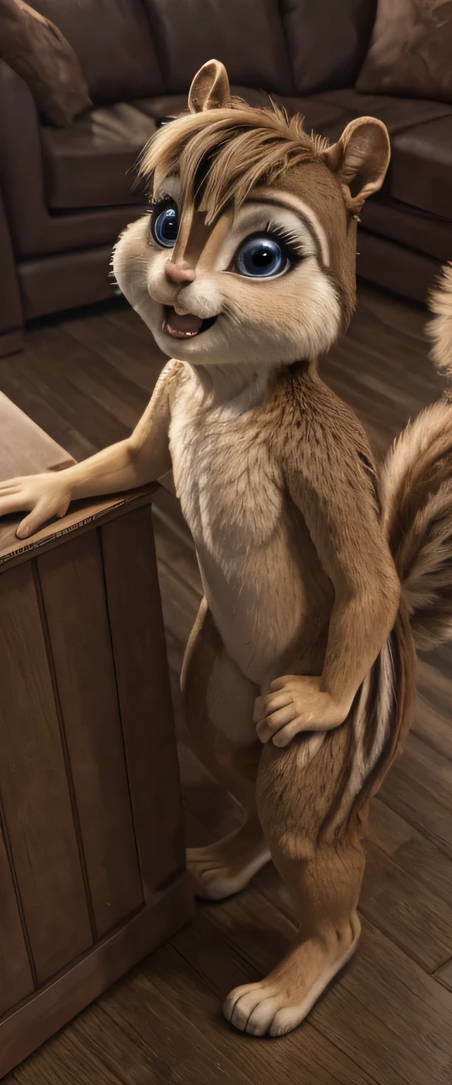 bretagne _miller, one,chipmunk, slim girl's body,  Detail , little chipmunk , высокая  Detail ,   anatomically correct  , супер detail , 8k,   better quality ,  should be visible all over her body (a slightly chubby :0.3), darling, (small ears), (short muzzle),   ,  long slanting bangs ,  a long bundle of hair on the back of the head ,  grey-blue eyes , Realistic view,   expressive eyes  , , Perfect eyelashes ,  eyeliner , Detailed fur,  perfect teeth . Actions :  in the living room,  style stands in full length, Hands sideways , Camera from above,  The view from above ,  chipmunk looks up at the camera, surprise on the face , a little confused,  hand gestures,  small chipmunk , in a human house 