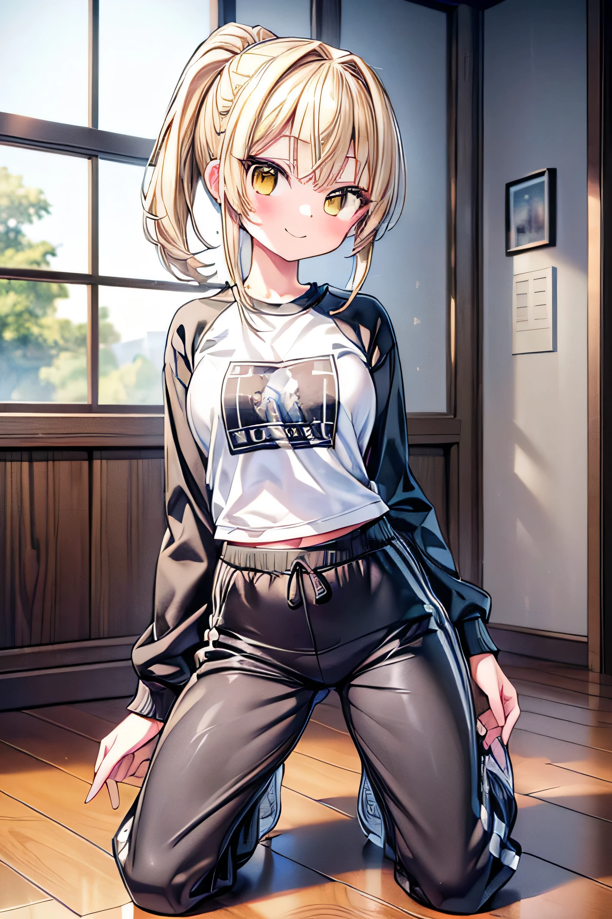 (extremely detailed, 8K resolution, with sharp focus, masterpiece, best quality, Moe Art style, safe for work:1.3), 1 cute lady, slender full body, kneeling in the room, (long sleeve T-shirts, jogger pants, gray sneekers), detailed yellow eyes, blonde short pony tail hair, detailed pupil, smile