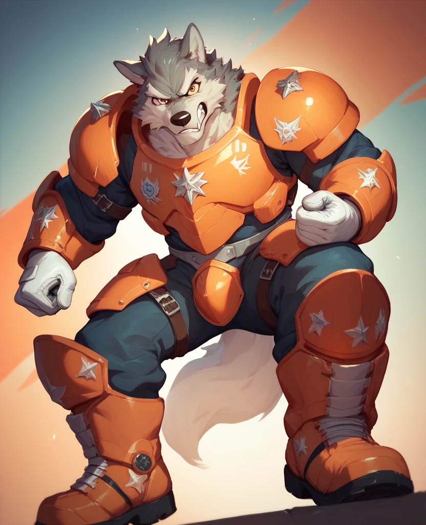 Anthropomorphic grey wolf, wearing orange space armor,white gloves and boots, Angry expression, looking at the viewer 