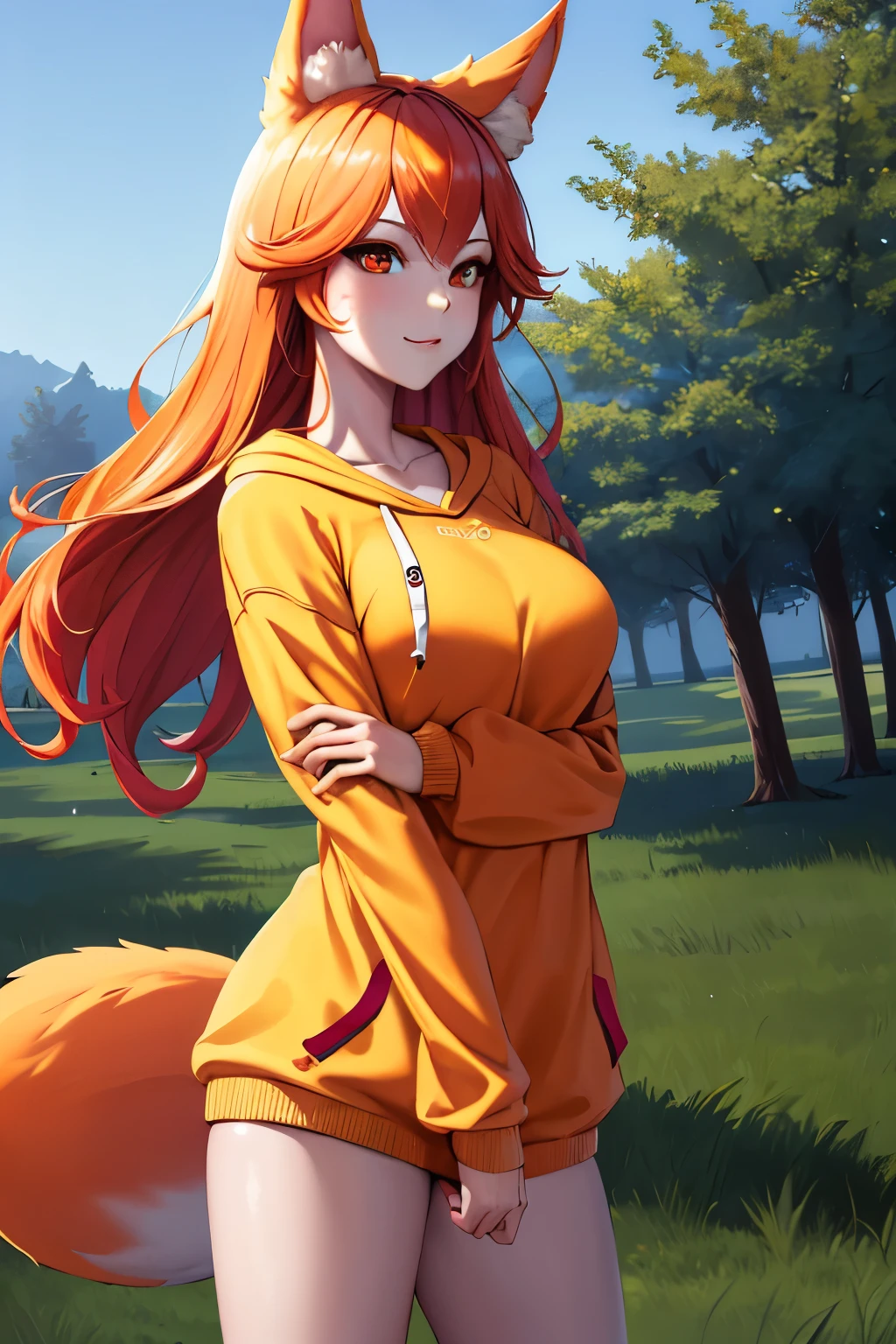  Excellent quality, HD, 4k, good proportions,  beautiful face ,  beautiful body, (pecho pequeño), (sfw),1fox girl,  orange hair ,  Fox ears, brands on the face, ojos amarillo profundos, oversized shirt
sweater
coat
hoodie