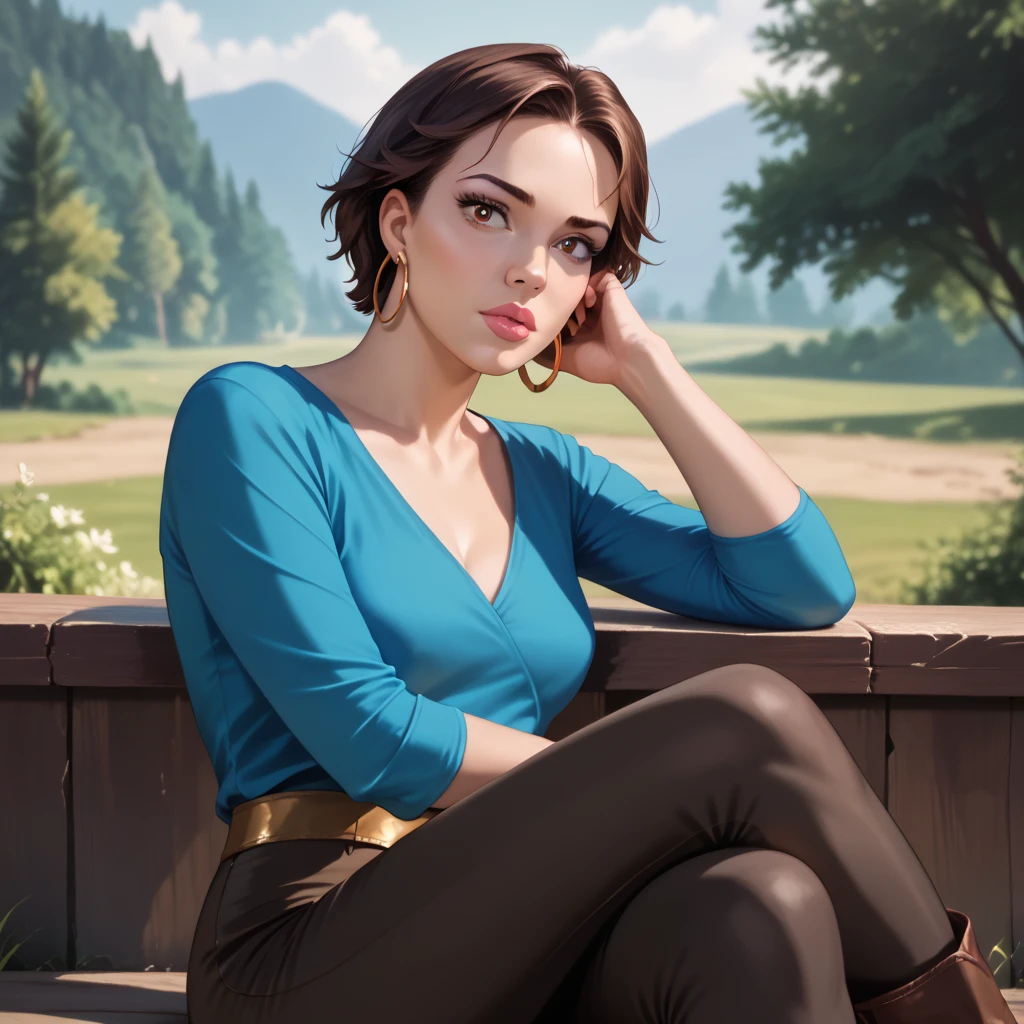 (masterpiece, best quality, 8k, hyperdetailed, photorealistic:1.4), ((1girl, beautiful detailed eyes, beautiful detailed lips, extremely detailed face and eyes, long eyelashes), sitting, looking at viewer, crossed legs, brown hair, short hair, makeup, hoop earrings, shirt, pants), outdoors, natural lighting, marina_sinbad, break, solo