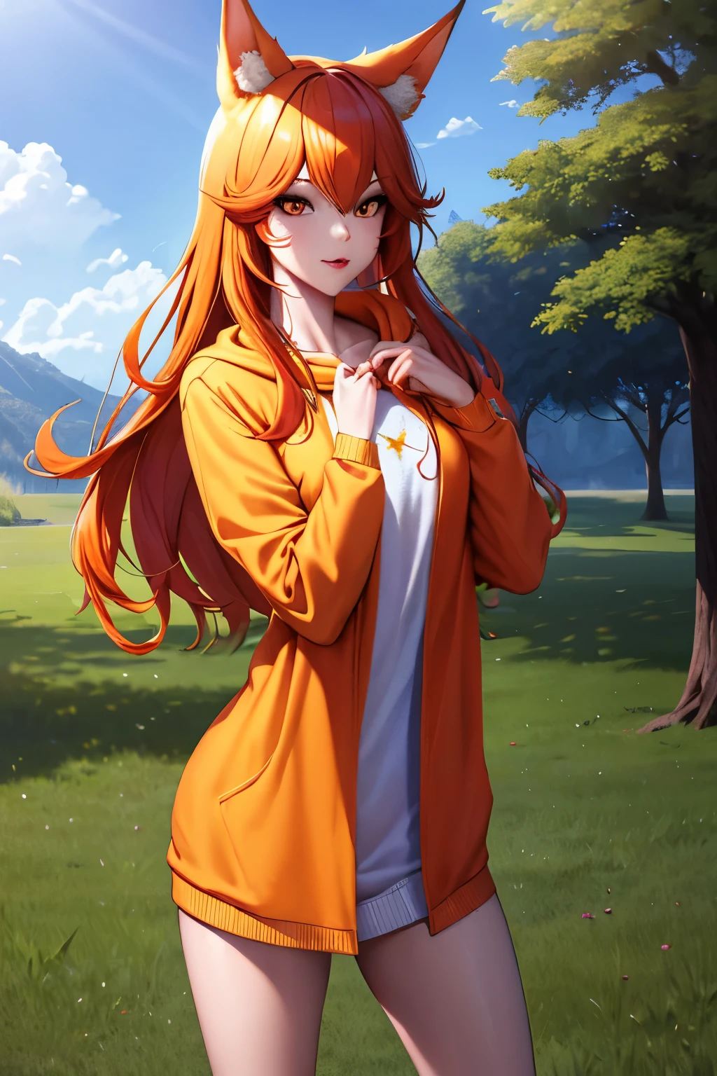  Excellent quality, HD, 4k, good proportions,  beautiful face ,  beautiful body, (pecho pequeño), (sfw),1fox girl,  orange hair ,  Fox ears, brands on the face, ojos amarillo profundos, oversized shirt
sweater
coat
hoodie