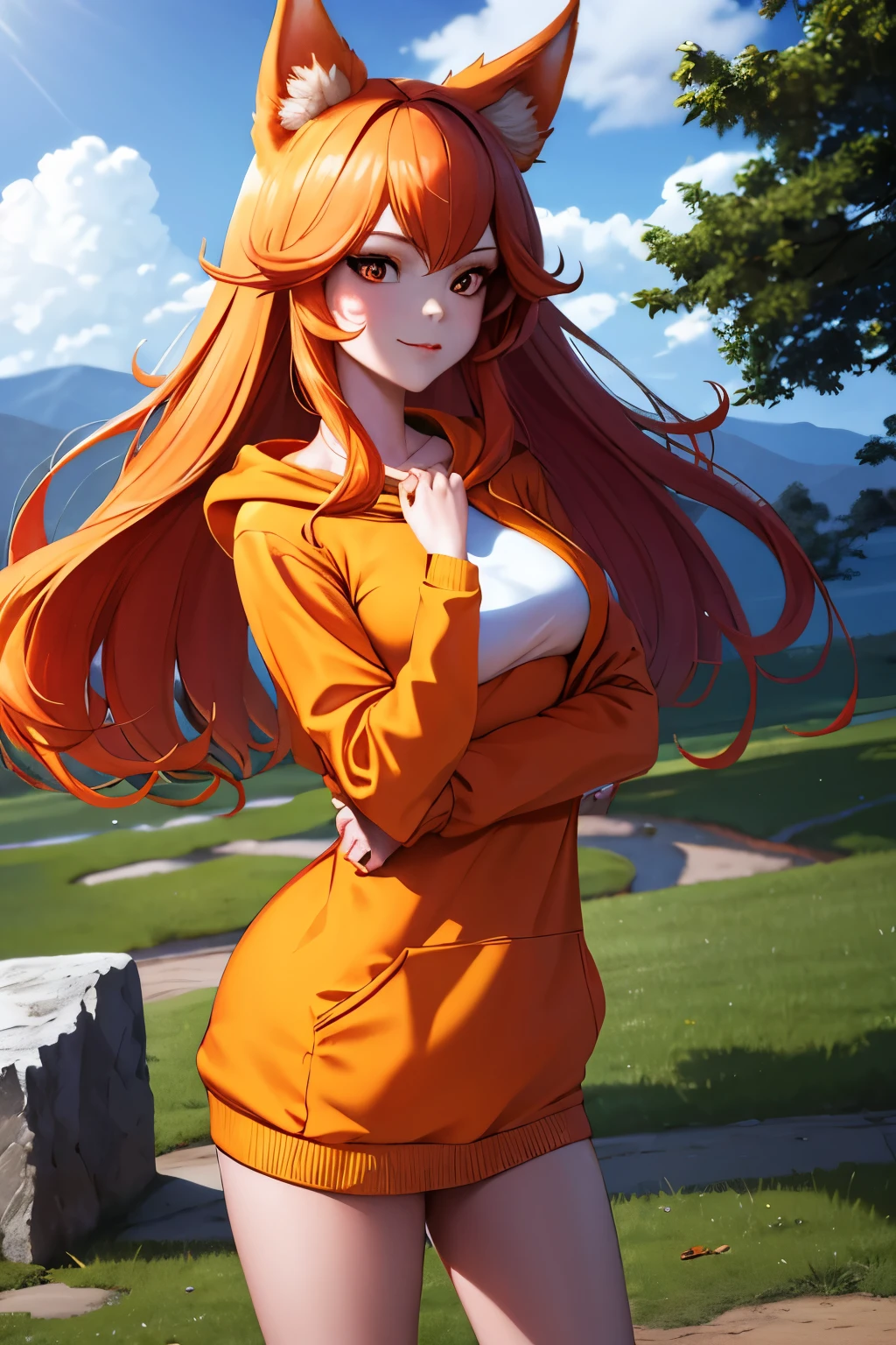  Excellent quality, HD, 4k, good proportions,  beautiful face ,  beautiful body, (pecho pequeño), (sfw),1fox girl,  orange hair ,  Fox ears, brands on the face, ojos amarillo profundos, oversized shirt
sweater
coat
hoodie