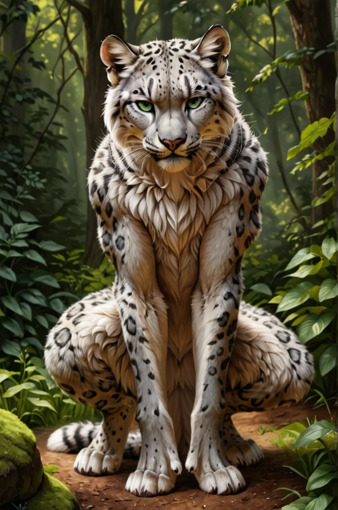 score_9, score_8_up, score_7_up, score_6_up, detailed background, full body, anthro male snow leopard, stands upright and straight, front view, angry look, detailed fur, solo, high quality, furred body, fluffy, green eyes, looks at the viewer, strong pattern all over the body, summer meadow in the forest garden, highly detailed, realistic fur, photorealism, photorealistic, fighter, realistc male genitalia 
