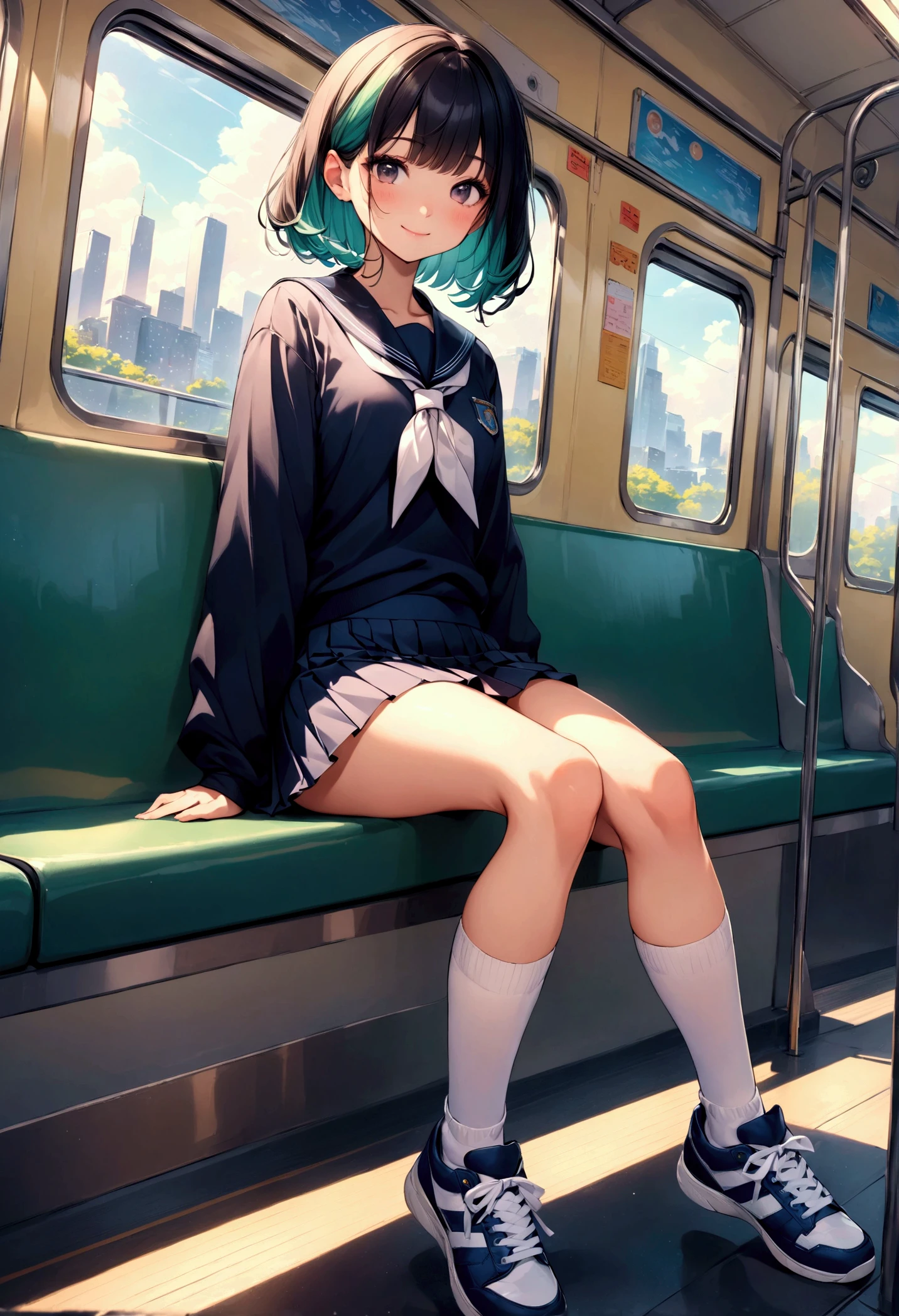 BREAK Perfect Anatomy、(High resolution:1.2)、Incredible illustrations、(Cute illustrations:1.2)、
（Beautiful background（on the train))
 1little girl(multicolored hair,short hair)
1girl((a girl, 1.5meters, 35kg,18 years old female, ((serafuku,pleated skirt,thigh-high socks, sneakers),tilting head,light smile