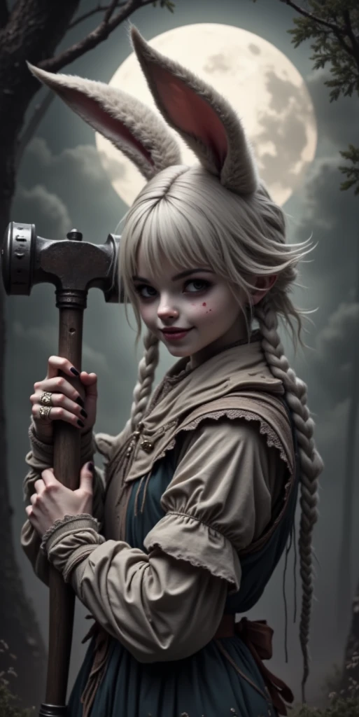 hyper realistic: human/rabbit hybrid, 25 years old, furry, skin, "soft skin covering the body" furry body, white hair, slightly wavy, with straight bangs, with braids, in pastures surrounded by woods, with a full moon in the background, holding a hammer with both hands with blood, with a smile, peasant clothing