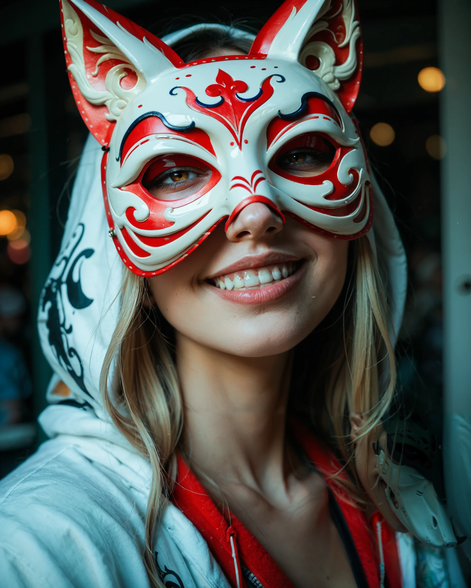 ((Caucasian woman)) wearing an oversized hoodie and a venetian fox mask, fox mask, fox mask over eyes, ((mask close-up:1.3), ((mask focused)), ((candid photo)), ((seductive grin))