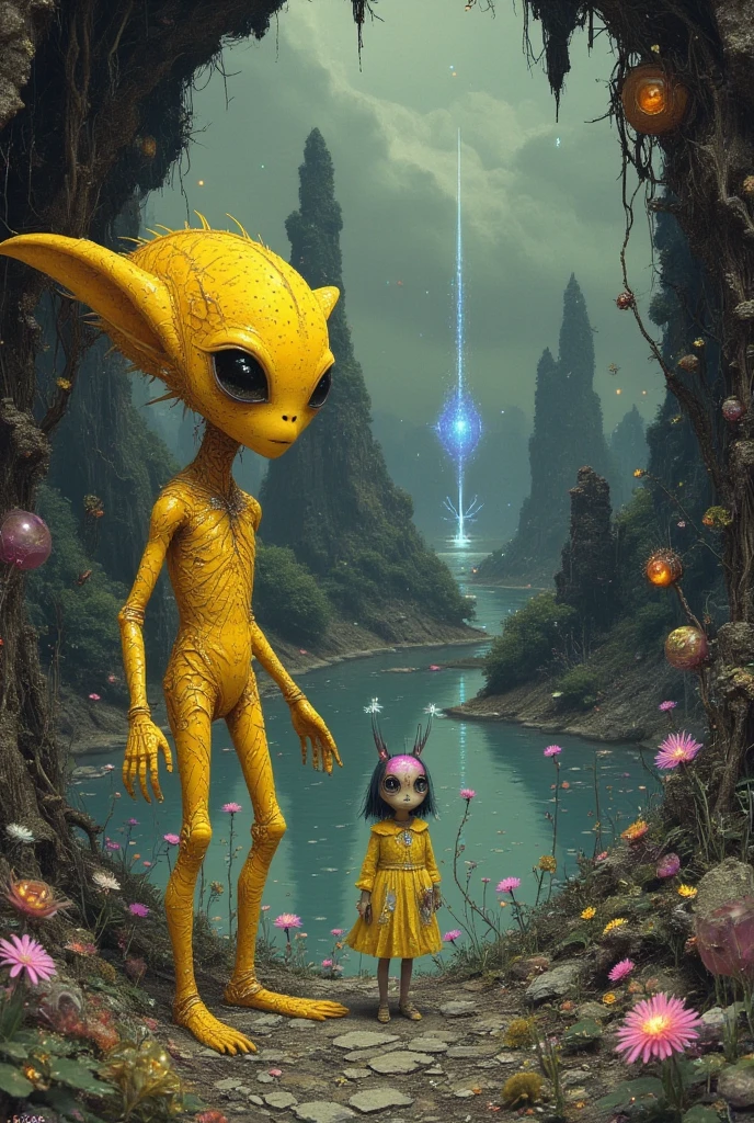 A yellow alien and a strange pet on an exotic planet go to the lake. expressive eyes. Mark Ryden, Vladimir Fedotko, Larisa Morais, decay, desolation, trippy, hyper-detailed. Intricate Details, Unreal Engine, Gothic Art, Renaissance Painting, Digital Art, Thoughtful, Expansive, Ethereal, Hyper Detailed,Fantasy, Fantasy, Hyperrealism """, Fog, Ultra Detail, Film Photography, Light Leaks, Studio Ghibli, Larry Bad Melman, artstation trends, sharp focus, studio photography, intricate detail, high detail, Greg Rutkowski, watercolor, artstation trends, sharp focus, studio photo, complex details, high level detail,Greg Rutkowski, broken glass effect, no background, stunning, something that doesn't even exist, mythical creature, energy, molecular, textures, iridescent and luminescent scales, breathtaking beauty, pure perfection, divine presence, unforgettable, impressive, breathtaking beauty , volumetric light, auras, rays,bright colors reflected
