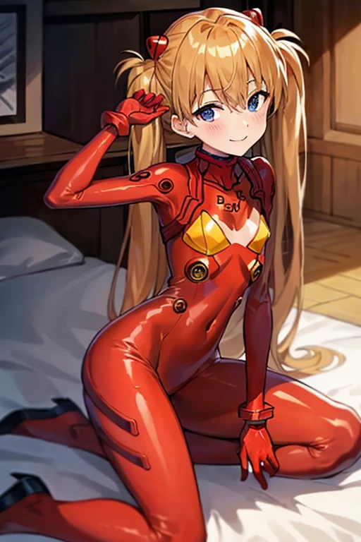 (( top quality)), ((masterpiece)), (be familiar with), perfect face, indoor, bedroom,  Watching Viewers ,
One woman,  Soryu Asuka Langley ,
開いた口,  ecstatic expression beside the piano, blush, smile,
 small tits,  flat chest, Young girl, Lori,  s,  girl,
 long hair,  twin tails,
Leg spread,