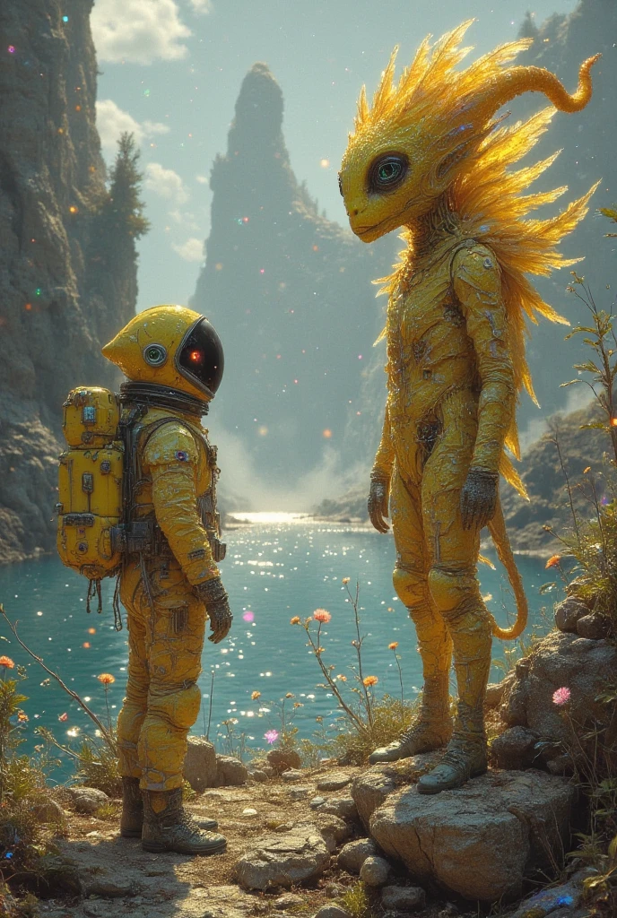 Yellow alien and astronaut on an exotic planet near a lake. expressive eyes. Mark Ryden, Vladimir Fedotko, Larisa Morais, decay, desolation, trippy, hyper-detailed. Intricate Details, Unreal Engine, Gothic Art, Renaissance Painting, Digital Art, Thoughtful, Expansive, Ethereal, Hyper Detailed, Fantasy, Fantasy,Hyperrealism """, Fog, Ultra Detail, Film Photography, Light Leaks, Studio Ghibli, Larry Bad Melman, artstation trends, sharp focus, studio photography, intricate detail, high detail, Greg Rutkowski, watercolor, artstation trends, sharp focus, studio photography , complex details, high level detail, Greg Rutkowski,broken glass effect, no background, stunning, something that doesn't even exist, mythical creature, energy, molecular, textures, iridescent and luminescent scales, breathtaking beauty, pure perfection, divine presence, unforgettable, impressive, breathtaking beauty, volumetric light , auras, rays, reflection of bright colors