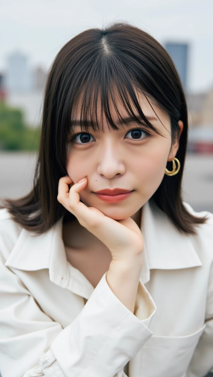 (nsfw:1.5),NSFW,nagahama_neru, The image is a close-up portrait of a young Asian woman with shoulder-length dark hair and bangs. She is wearing a white collared shirt with a red trim and gold earrings. Her hair is styled in loose waves and falls over her shoulders. She has a slight smile on her face and her hand is resting on her chin, as if she is deep in thought. The background is blurred, but it appears to be a cityscape with buildings and trees visible. The overall mood of the image is peaceful and serene.