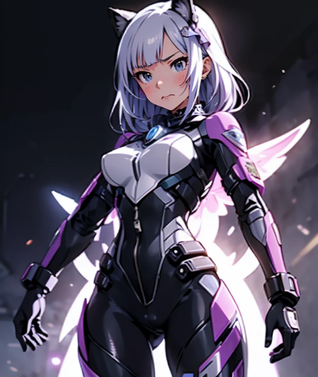 The protagonist of a new special effects drama、Space Sheriff Jasmine、17-year-old female、only one girl, half side bun hair, shortcut hair, silver purple hair, slender, Headgear with cat ear antenna, Wearing a combat suit like Space Sheriff Gavan、Combat suits are protected by titanium、The combat suit is very high-legs and very tight and hugs the body.、The suit is gold with black accents、She is removing her helmet、(medium breasts), (medium hips), (The suit has a feminine shape that makes the most of the curves)、(The shape of the breasts is clearly visible), The waist of the suit is tightly cinched  the private parts.、There is a zipper that runs from the vulva to the anus and can be opened when urinating or defecating.、The titanium protector is thick and divided into three parts: chest, abdomen, and waist.、Inspired by Robocop design、